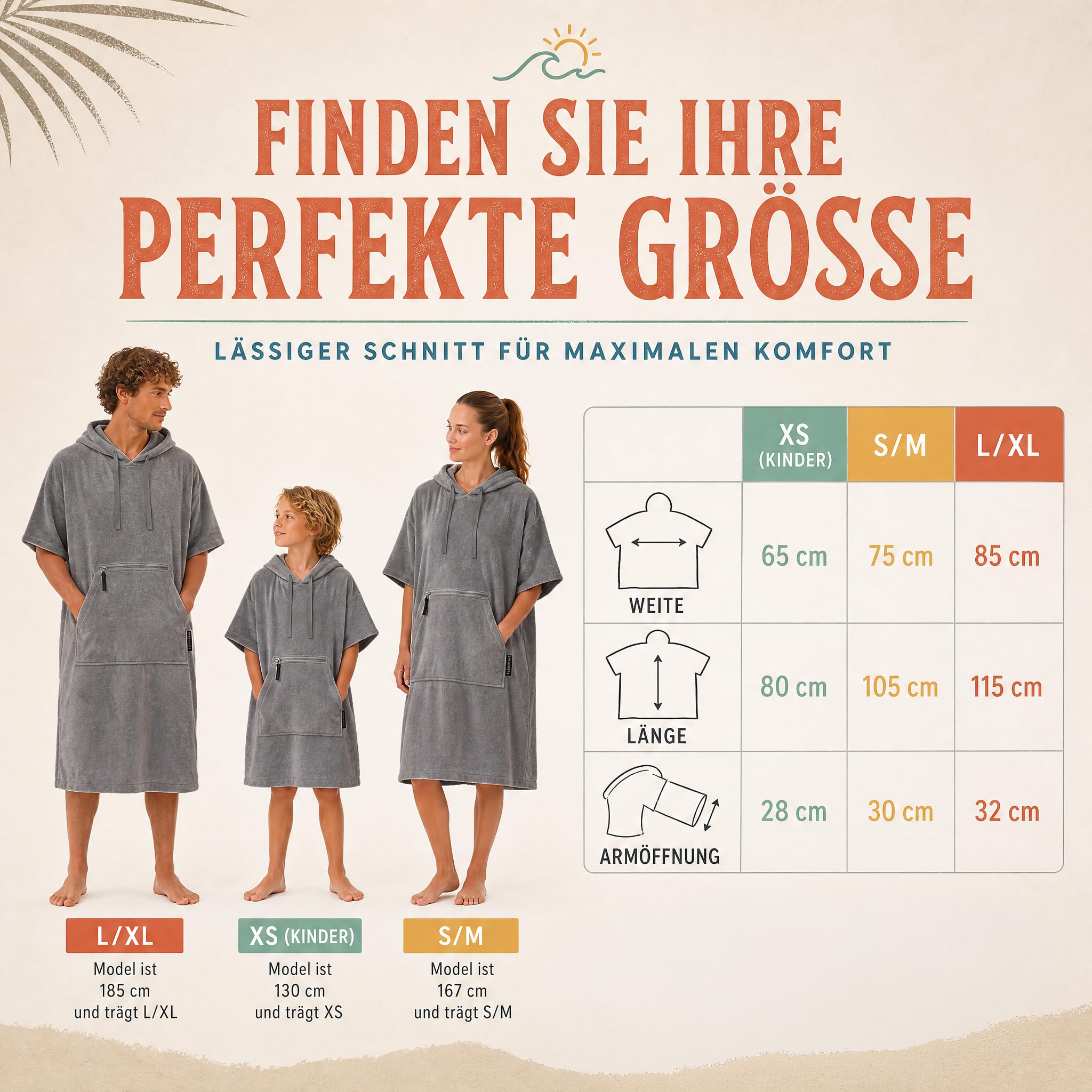 Strandponcho für Damen, Herren & Kinder – Badeponcho aus 100% Baumwolle, Surfponcho zum Umziehen mit Kapuze & Tasche für Strand, Sauna & Pool, Dunkelgrau, S/M