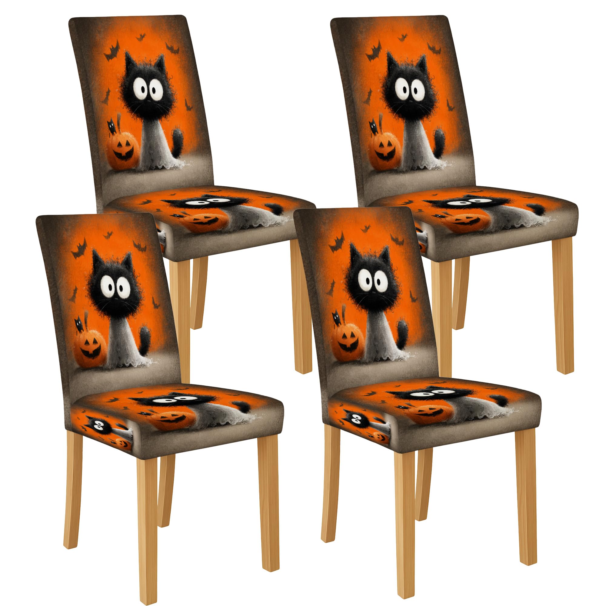 Cute Cat Halloween Chair Covers for Dining Chairs, Stretch & Washable Spandex Slipcovers, Fun Decorative Seat Protectors for Holiday Kitchen 4PCS