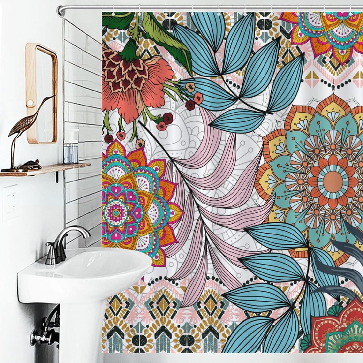 Boho-Blumen-Duschvorhang Vintage Mandala Tropische Blätter Paisley Medaillon Rustikal Wasserdicht für Badezimmer mit Haken (240x199cm/94x87in(BxH))