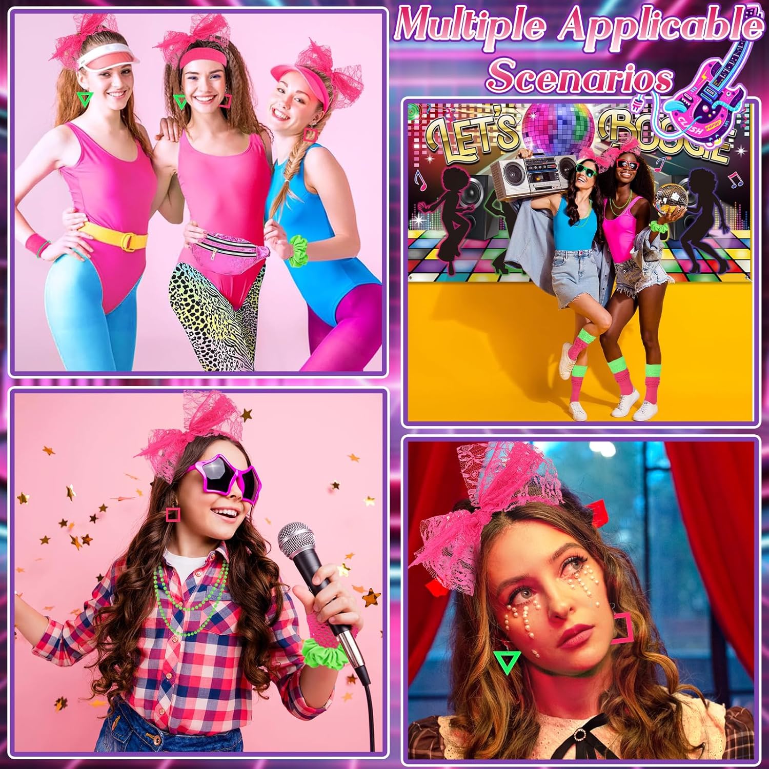 10 Pcs 80s Accessories For Women Neon Lace Headband Fishnet Gloves Necklace Bracelt Socks Hair Band Earrings, 80s Costume Accessories Set for Theme Party, Spirit Week Cosplay - Image 7