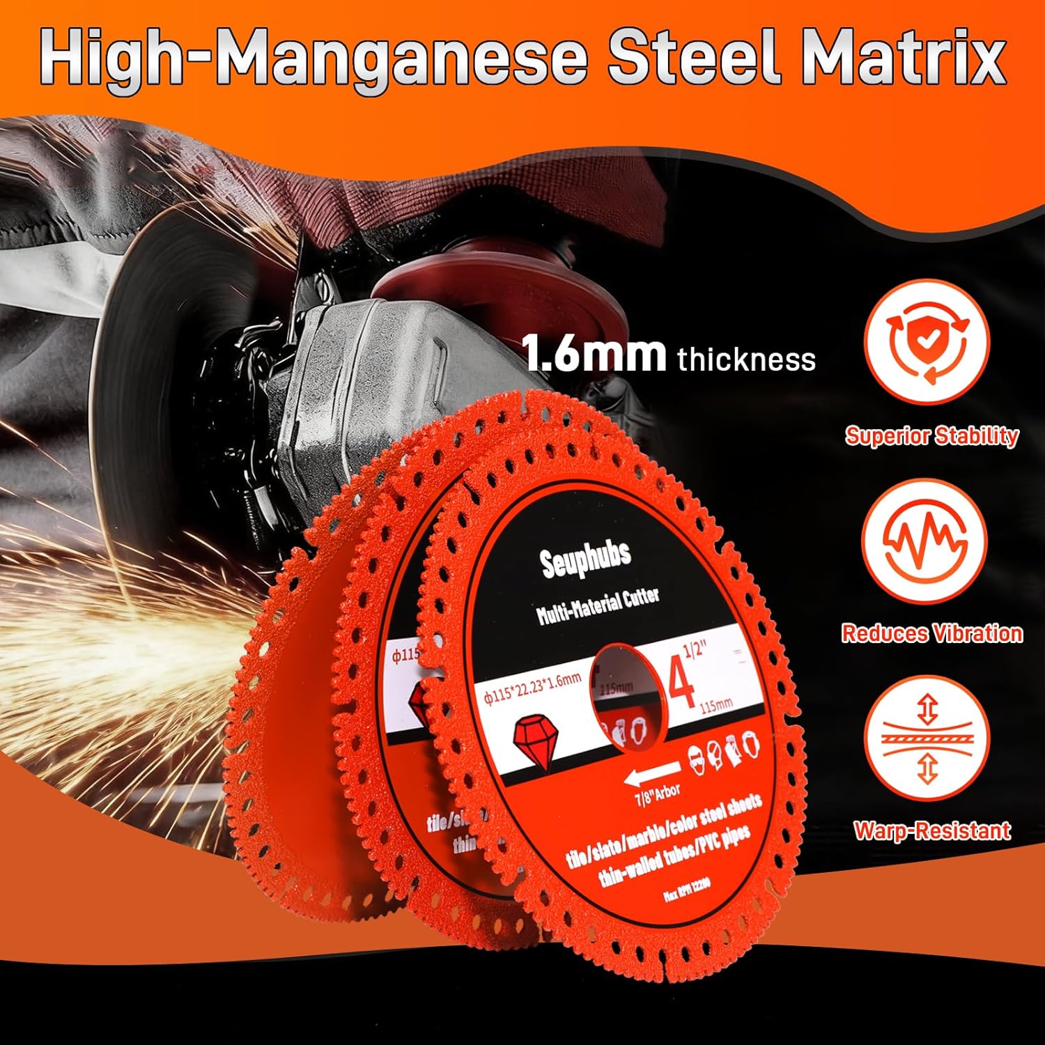 4-1/2 Inch Indestructible Disc for Angle Grinder, 7/8" Arbor (6 Pack), Brazed Diamond Cutting Wheel for Smooth Fast Cuts, Multi-Material for Tile, Marble, Slate, Metal, PVC Pipe