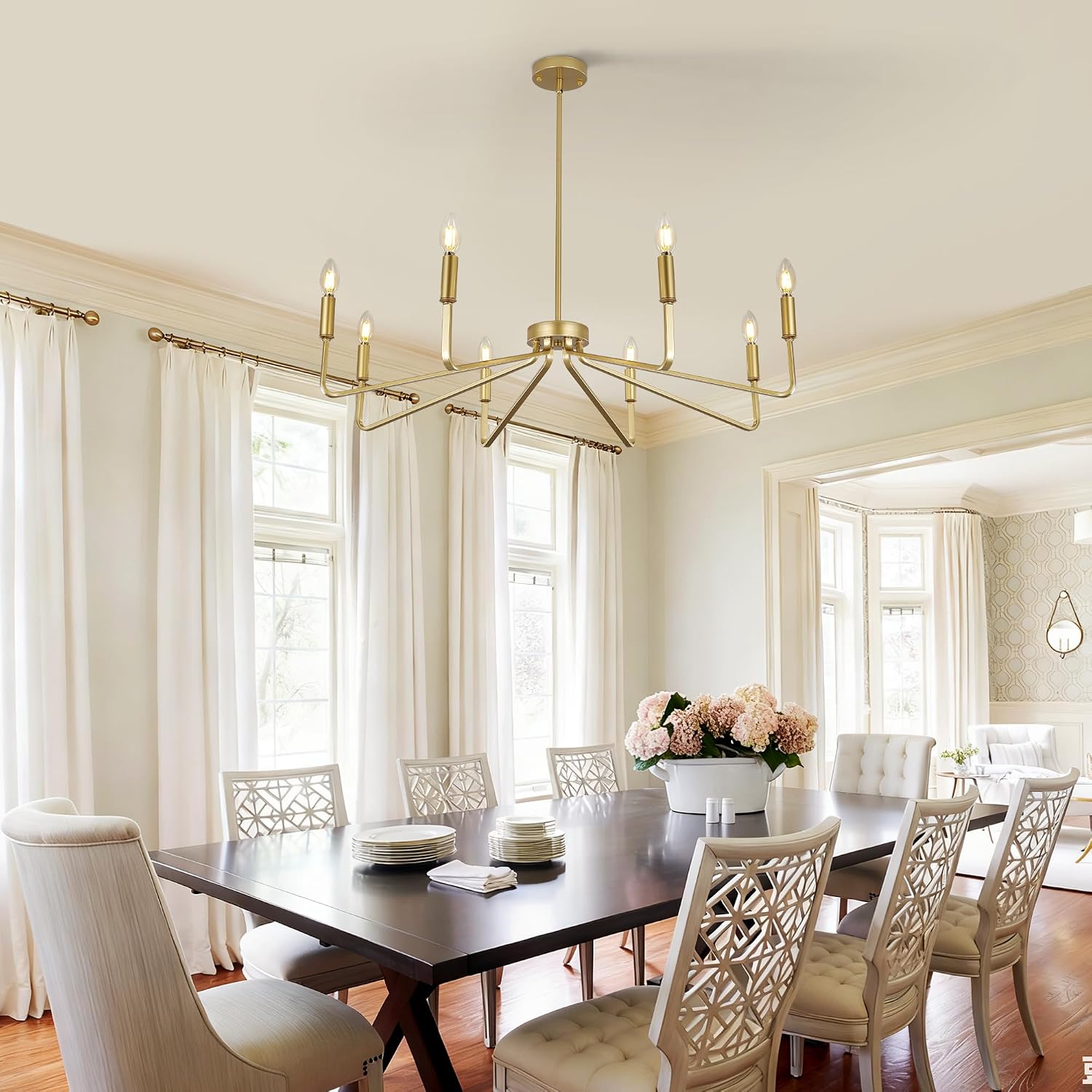 8-Light Gold Chandelier,Gold Light Fixture for Kitchen, Modern Dining Room Light Fixture,Brushed Candle Lighting for Living Room Kitchen Island Bedroom Foyer Entryway,36.6in,E12.