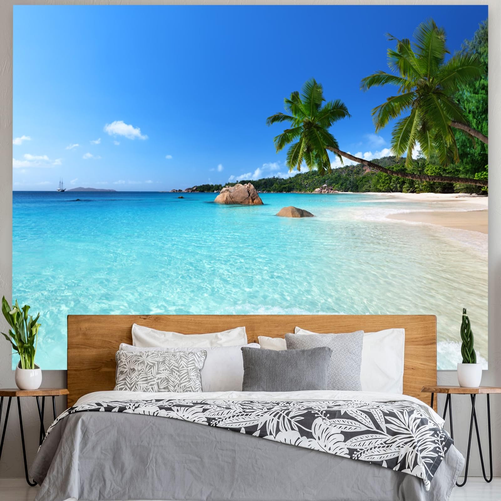 skcess Arazzo da parete 260 x 240 cm, oceano spiaggia, in poliestere, tappezzeria blu cielo naturale, per soggiorno, dormitorio, decorazione per la casa