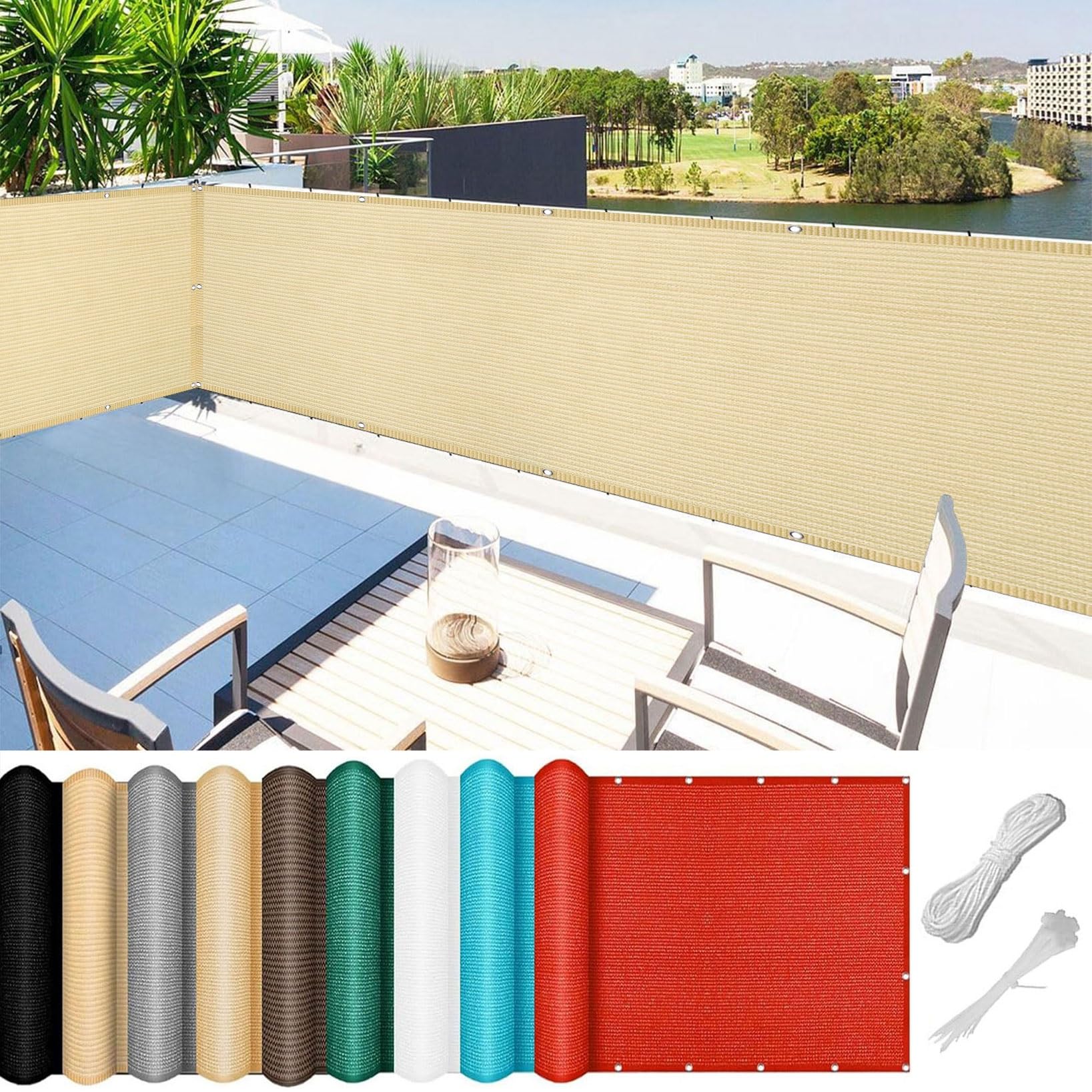 Balcony Privacy Screen 100 x 300 cm Wind and UV Protection Garden Privacy Protective Screens with Holes and Cable Ties for Garden, Fence, Terrace, Porch, Cream Color