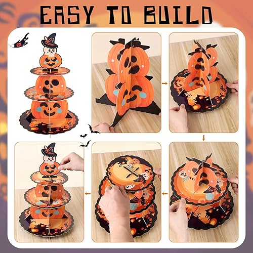 Miniatura 4 de Soporte para cupcakes de Halloween de 3 niveles, soporte para cupcakes de calabaza, soporte de exhibición de cupcakes de Halloween, soporte de