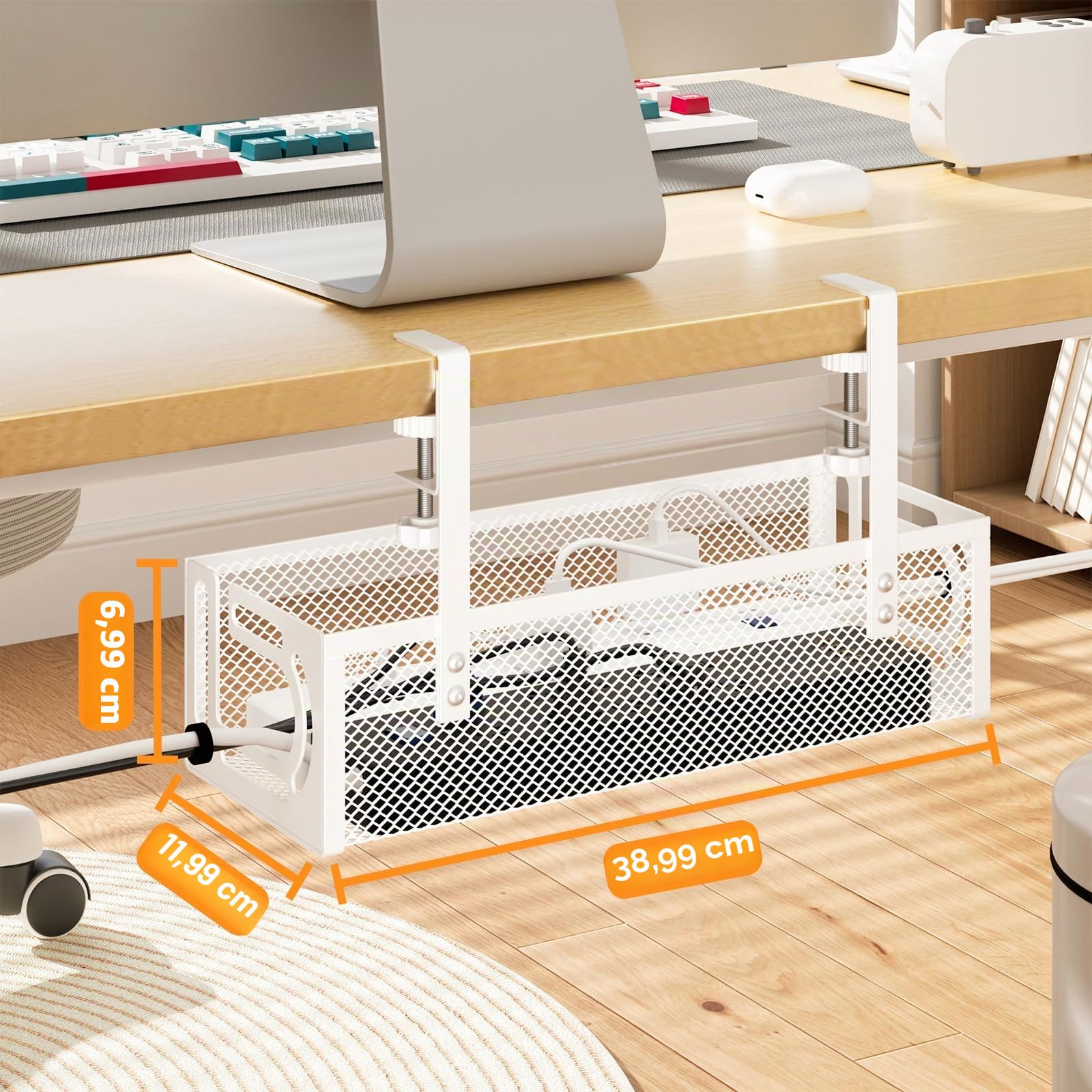 Kabel-Management-Tablett für den Schreibtisch, 39 cm, kein Bohren, Stahl-Schreibtisch-Kabel-Organizer, Drahtmanagement-Tablett, Kabelmanagement-Rack (1 Packung, weiß)