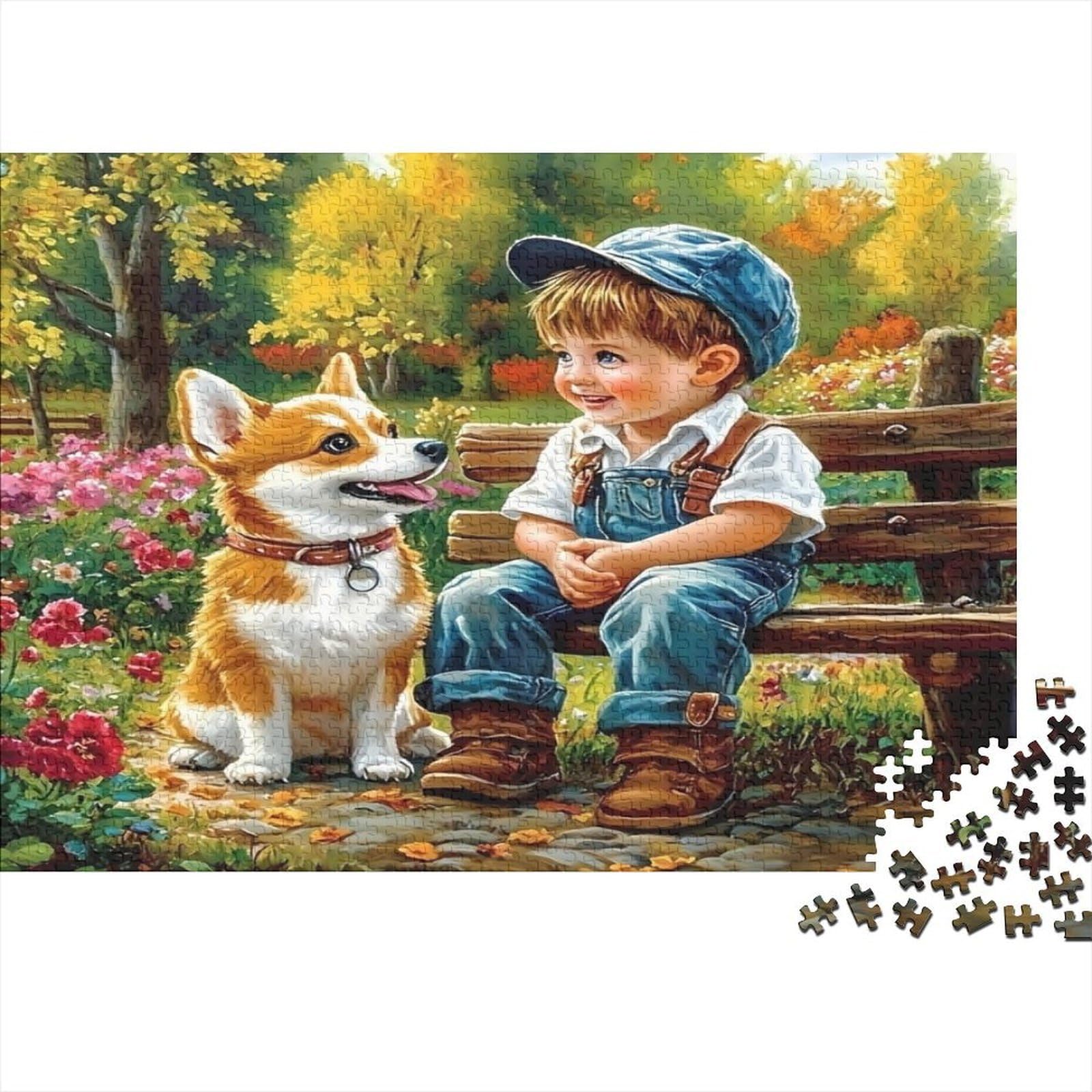 Boy And Dog 1000 Piece Jigsaw 100% Recycled Board Paper Boy with Corgi Family Teenagers Challenging Precise Interlocking Exclusive Birthday Gift 52x38cm/1000pcs