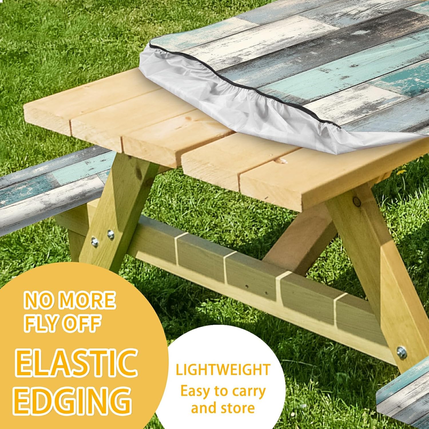 Picnic Table Cover with Bench Covers 72IN 6FT, Camping Essentials Tablecloth Waterproof Oilproof with elastic Edge for Indoor Outdoor Patio (Retro Wood Grain Blue)