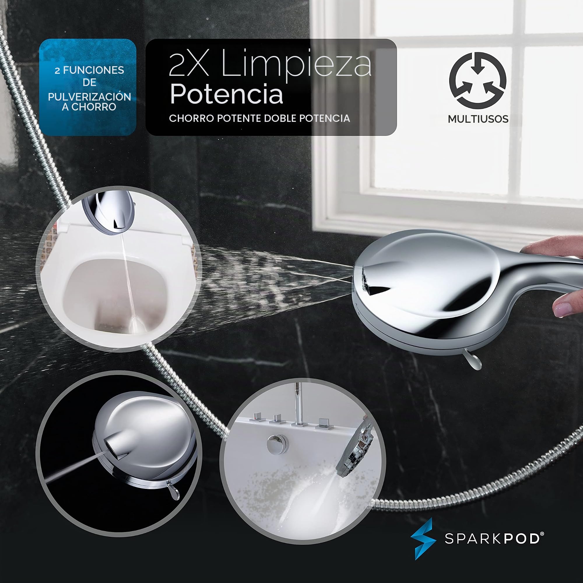 SparkPod, Juego de alcachofa de ducha de 10 modos con filtro de alta presión de 13 cm con boquillas táctiles para limpiar, chorro de energía integrado, manguera de acero inoxidable de 1,8 m y soporte