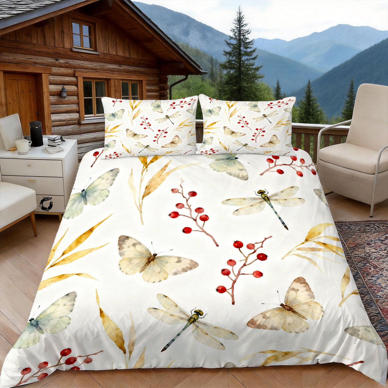 Housse de couette 240 x 260 insecte aquarelle parure de lit 2 personnes microfibre nature