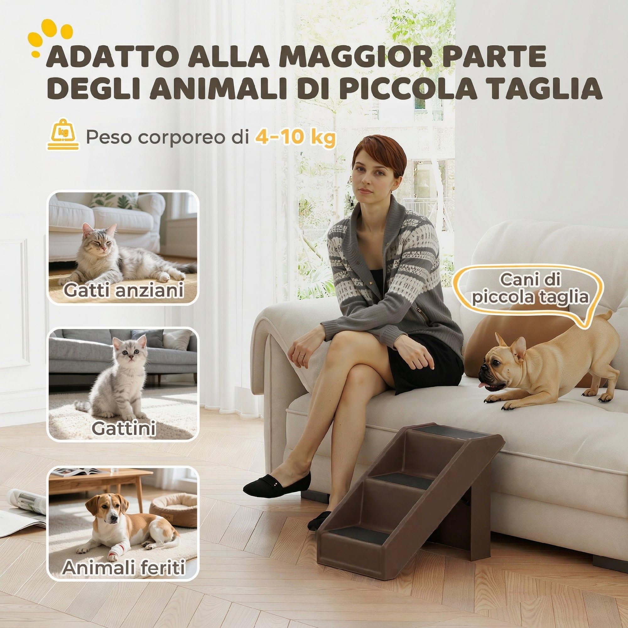 PawHut Scaletta per Cani e Gatti con 3 Scalini Antiscivolo, Scala per Cani Pieghevole con Capacità 10 kg, per Letti Alti e Divani, 53x30.5x36.5 cm, Marrone