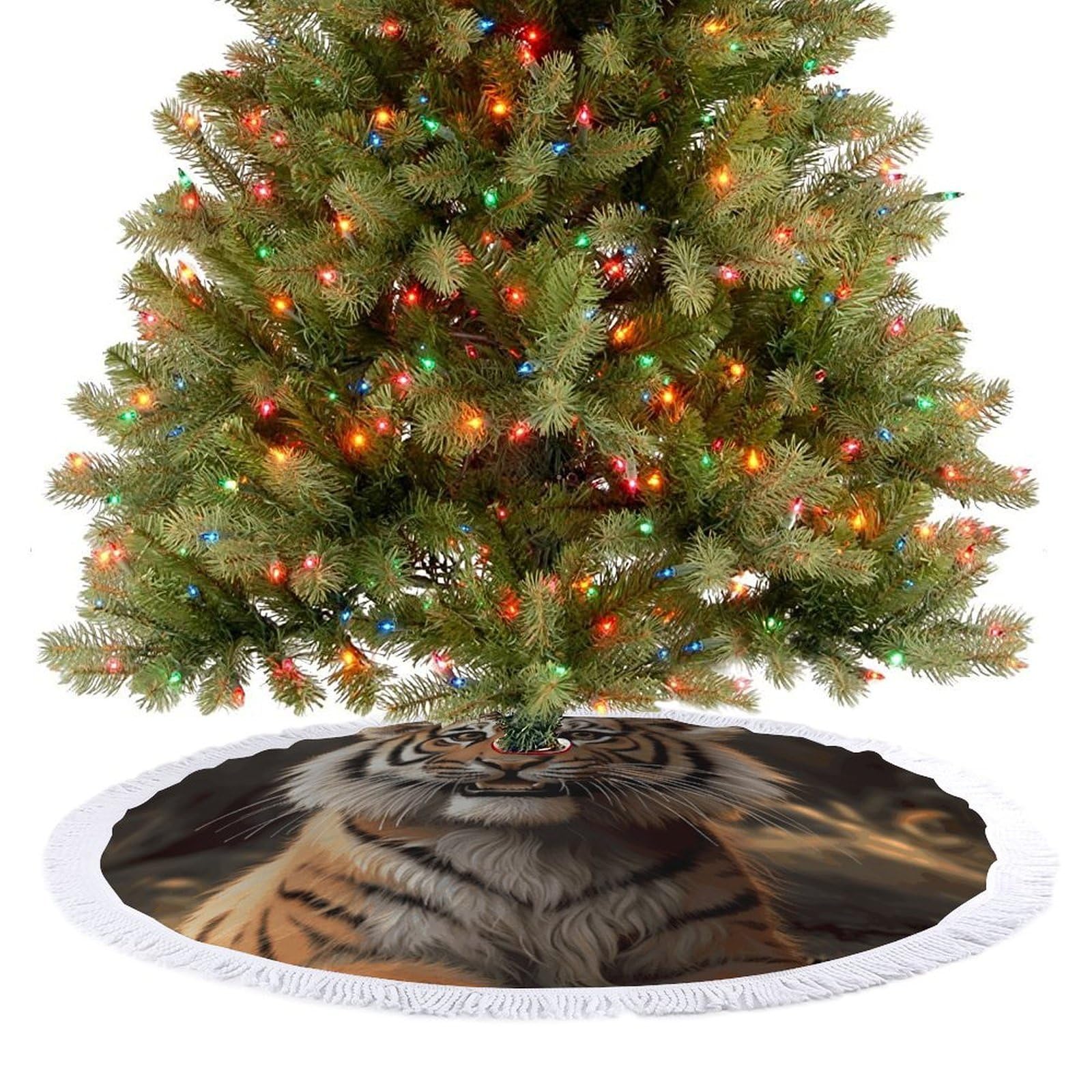 Cute Tiger Christmas Tree Skirt 30"x30" Rustic Xmas Tree Mat with Tassel Ornament Christmas Trees Cover Skirt Mat for Evergreen Trees Ornament Winter Holiday Mats Decorations