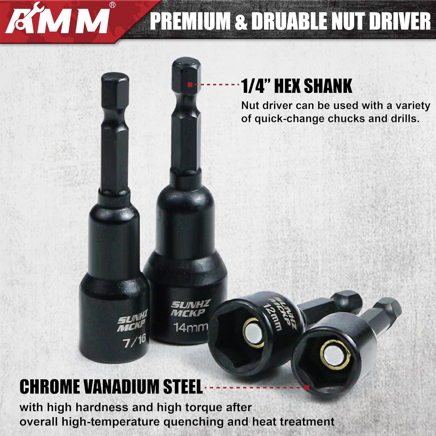 AMM 39PCS Magnetic Nut Driver Set for Impact Drill, Includes Metric & SAE Impact Driver Bit Set, Bit Extension & Drill Bit Adapter | 1/4" Hex Shank | Cr-V Steel