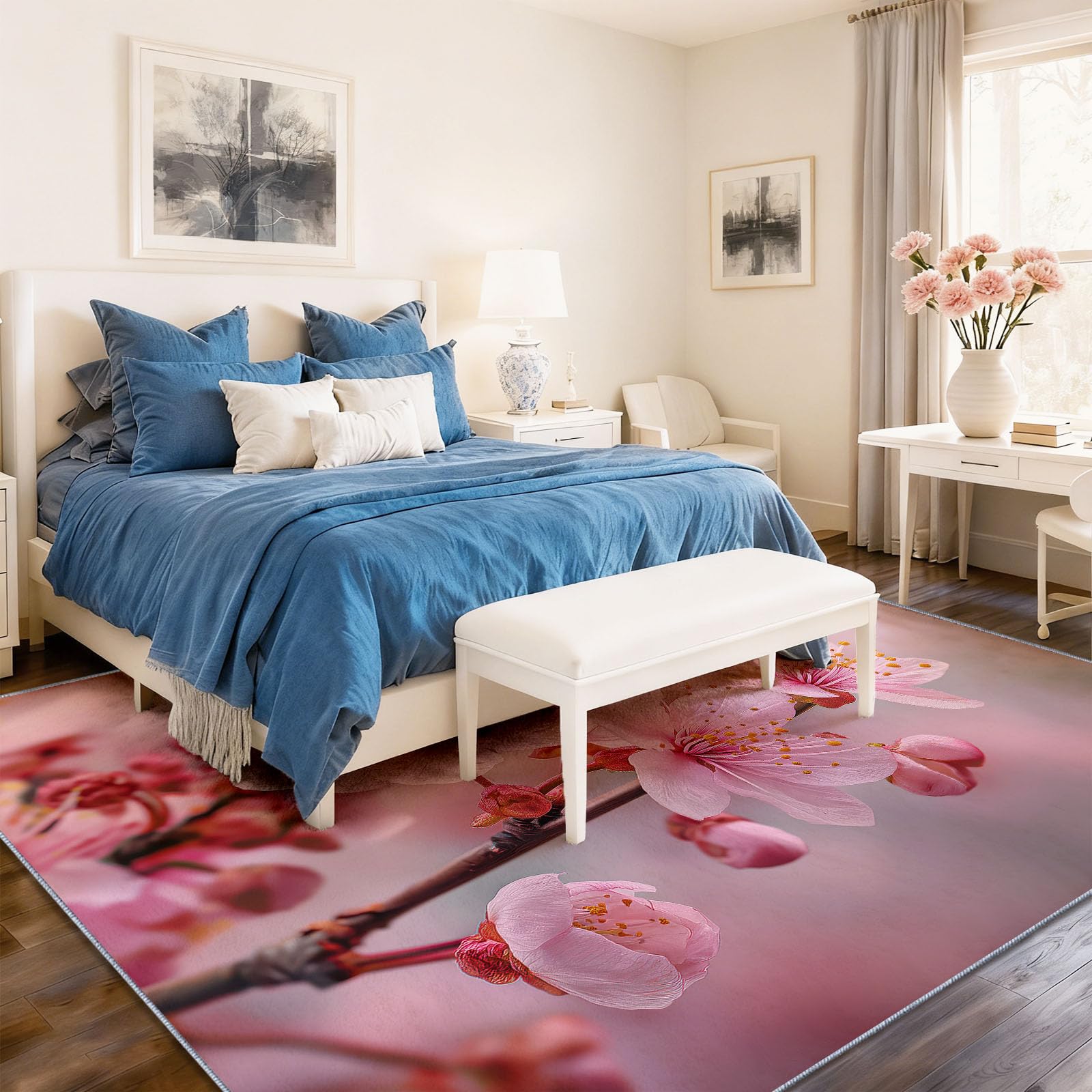 Dywany do salonu, 140 x 200 cm, różowy, można prać w pralce, dywan fotograficzny, miękki w dotyku, antypoślizgowy, nie gubi włosia, łatwy do czyszczenia, rośliny, gałązki, kwiaty, kwiaty wiśni, dywan