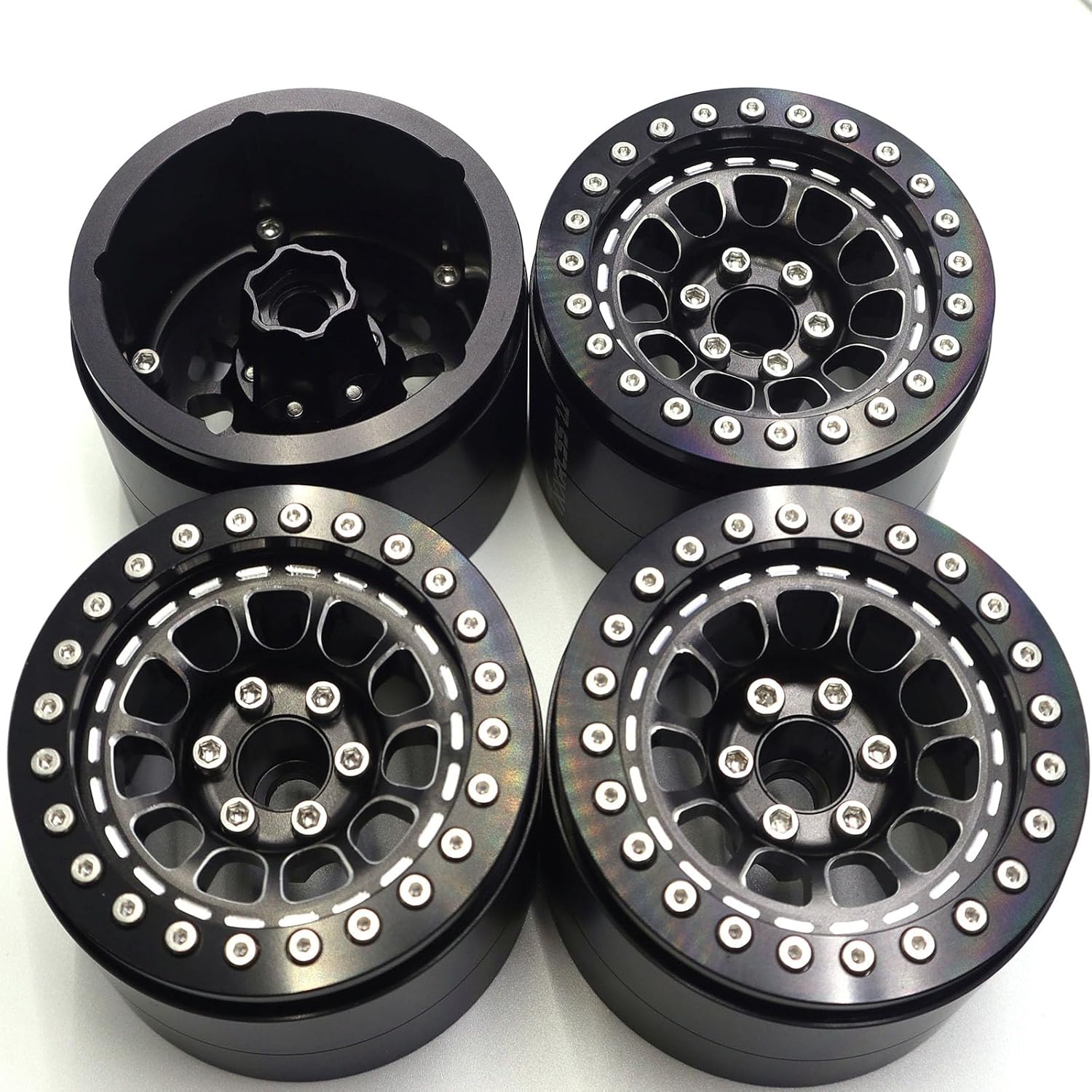 RC 2.2 Aluminum Alloy Beadlock Wheels and Tires Upgrades Accessories Rims for 1/10 SCX10 TRX4RC4WD and D90 RC Crawler Axial Remote Control Car (4pc) (Black)
