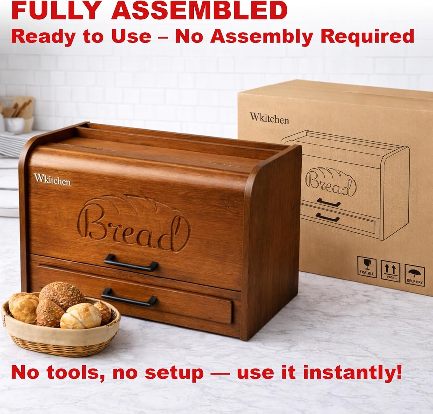 KNIFEPLANET Premium Vintage Brown Bread Box – Extra Large Bread Box for Kitchen Countertop Storage, Fully Assembled, Thick Durable Real Wood Construction (17.5" x 10" x 12")