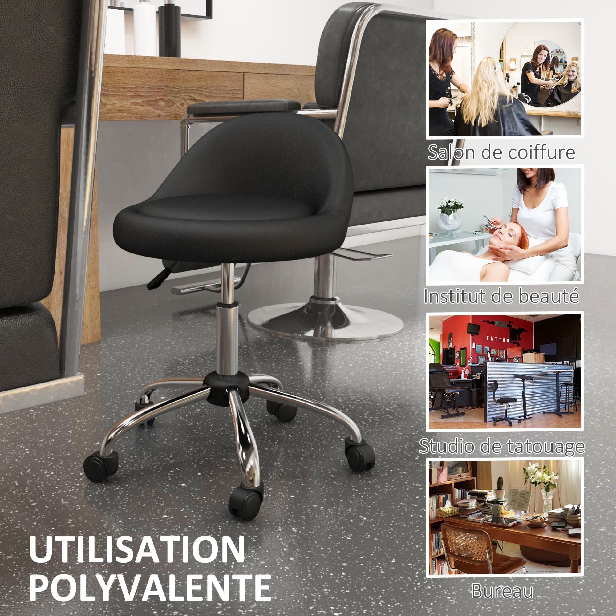 HOMCOM Tabouret à roulettes Tabouret de Travail pivotant 360° Hauteur réglable 53-73 cm Tabouret de Bureau revêtement synthétique Noir