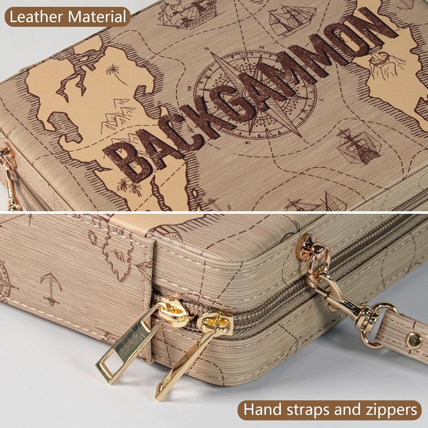 Backgammon Game Set for Adults 2 Players - Folding, 10 Inches Travel Backgammon Board Games with Zippers and Handles, Leather Interior and Exterior, Classic Board Game with Guide (Pirate)