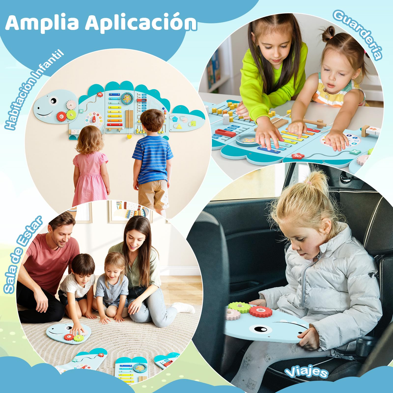 GOPLUS Paneles de Actividades para Pared de Dinosaurios, Centro de Actividades Educativas 11 en 1 para la Educación Temprana, Juguetes Sensoriales Montessori de Madera para Sala de Juegos (Azul)