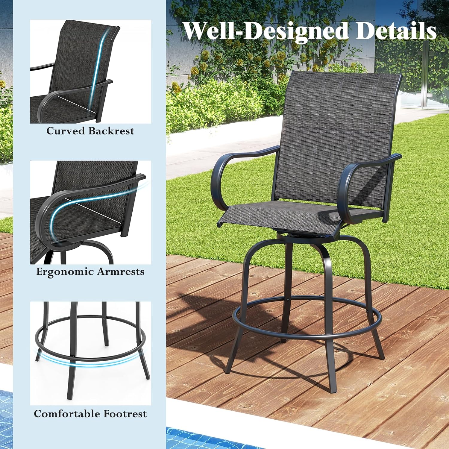 Tangkula Outdoor Swivel Bar Stools Set of 2, Bar Height Tall Patio Chairs with Armrests & High Back, Cozy Footrest & Solid Metal Support, High Top Bar Chairs for Backyard, Balcony, Poolside (1, Black)