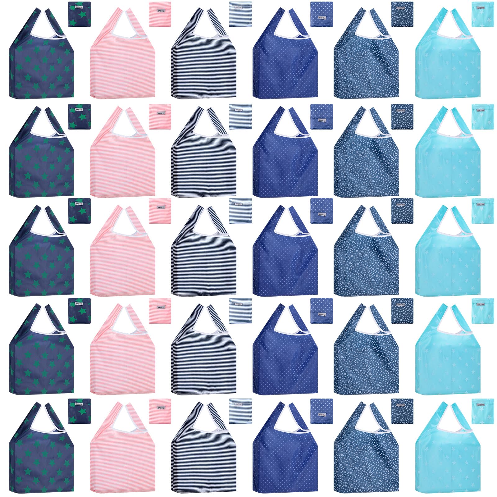 Paterr30 Pack Mixed Color Reusable Shopping Grocery Bags Foldable Grocery Bags with Handle Kitchen Machine Washable Reusable Bags Heavy Duty Strong Capacity Tote Bag with Pouch for Home, 6 Styles