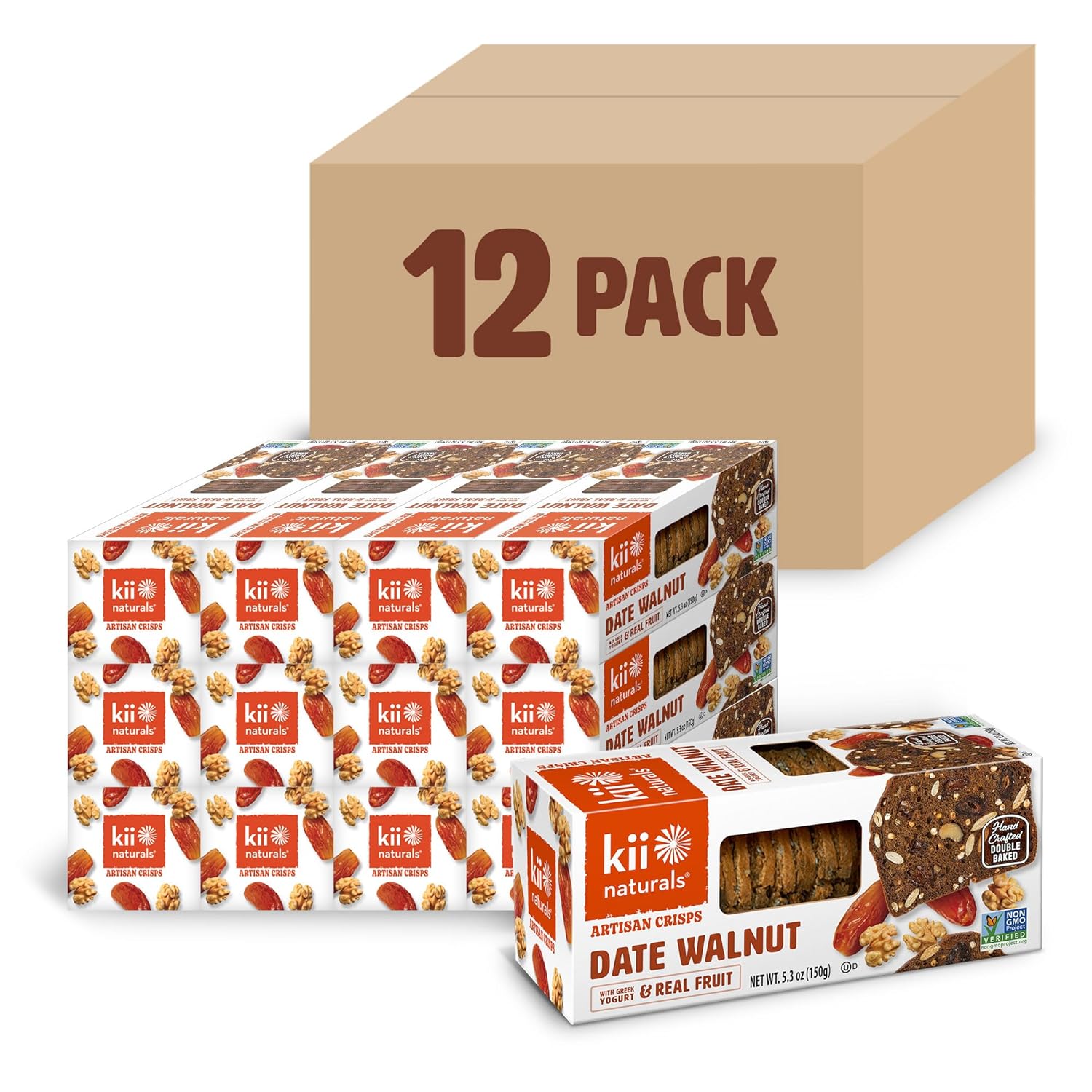 Kii Naturals Artisan Crisps, Healthy Snack Crackers for Cheese, Meats, Spreads, Charcuterie Board - Non-GMO, Kosher, No Preservatives, Hand-Crafted - Date & Walnut, 5.3 Ounce (Pack of 12)