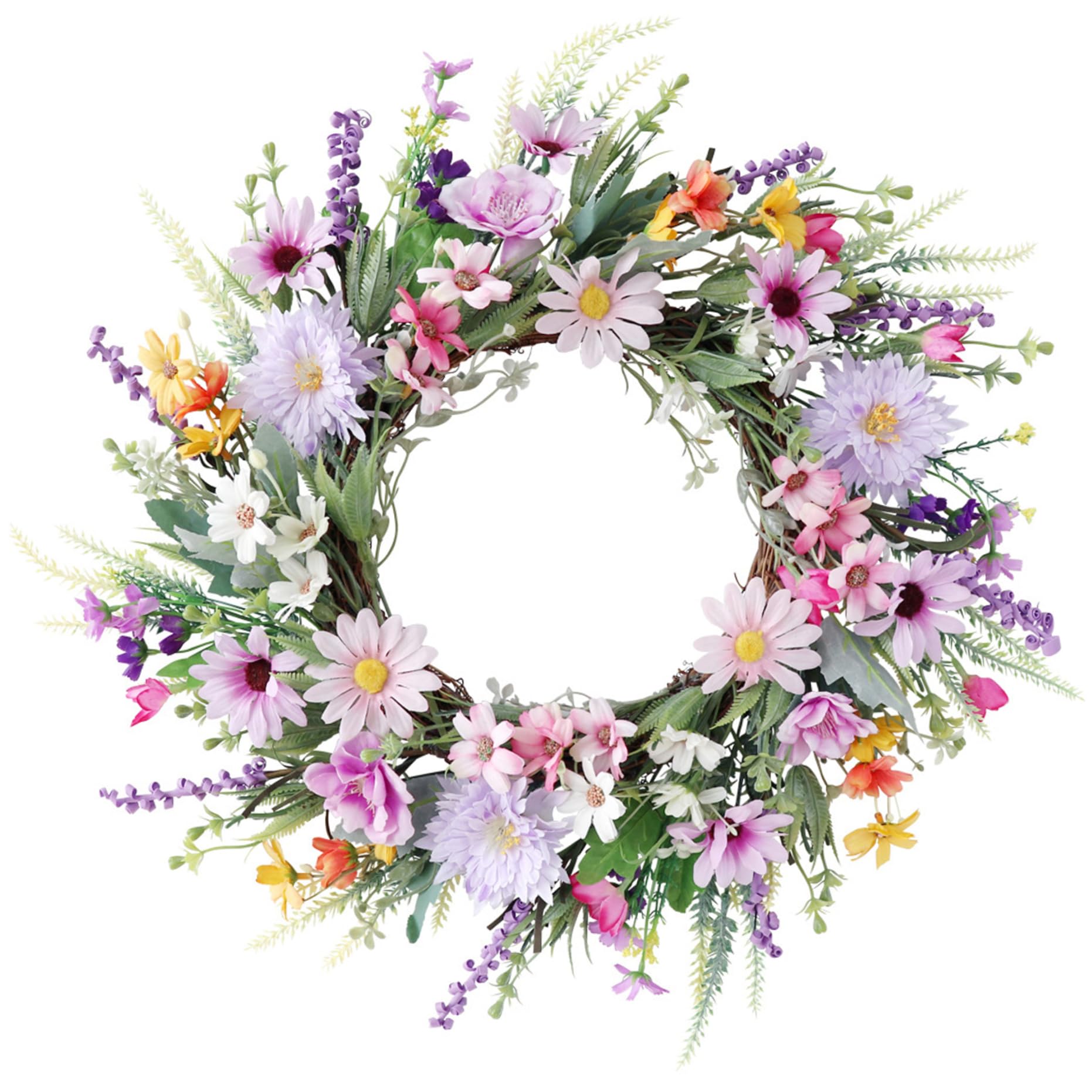 Peosaard 1Pc Spring Wreaths For Front Door, Daisy Wreath 20 Inch Colorful Vivid & Lifelike Spring/Summer Wreath With Green Leaves Hanging Silk Ornament For Front Door, Wall, Window