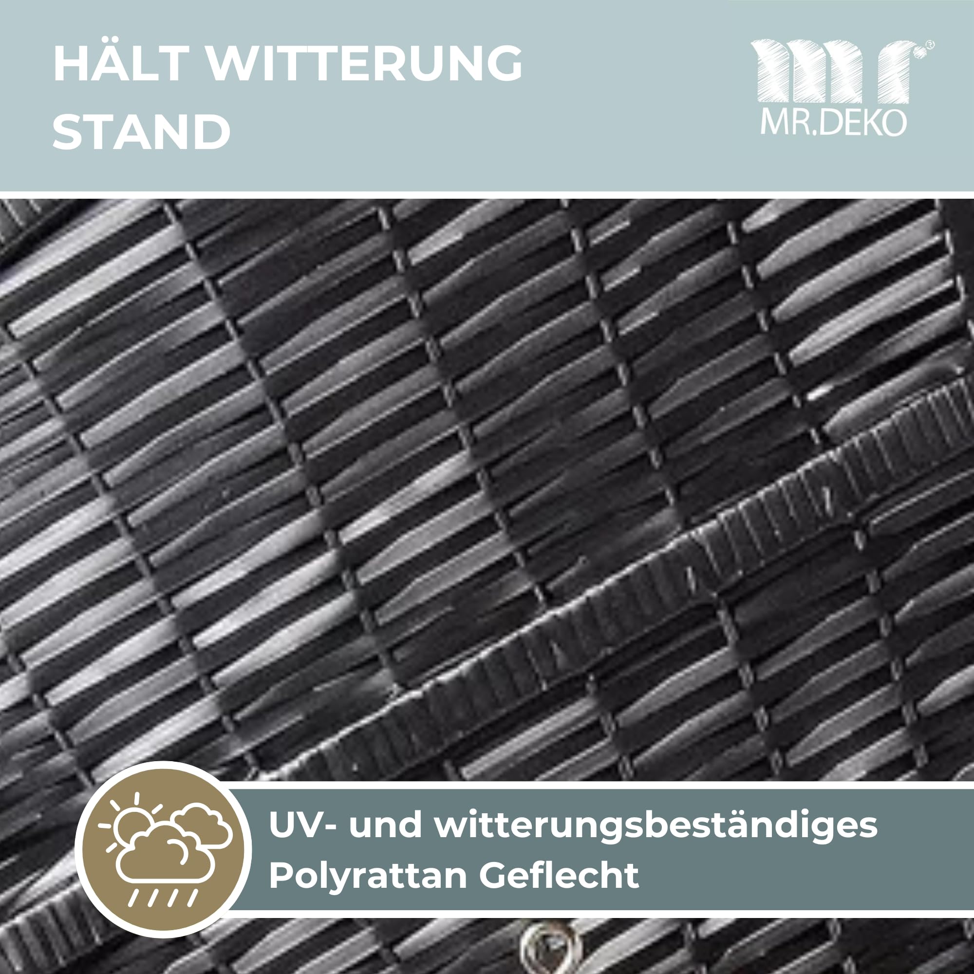 MR. DEKO Strandkorb Ostsee XXL Volllieger | PE Geflecht Schwarz inkl. 6 Kissen | Dessin Royal Anthrazit | Strandstuhl Liegestuhl DreisitzerStrandkörbe aus Hartholz | Garten, Wintergarten und Terrasse