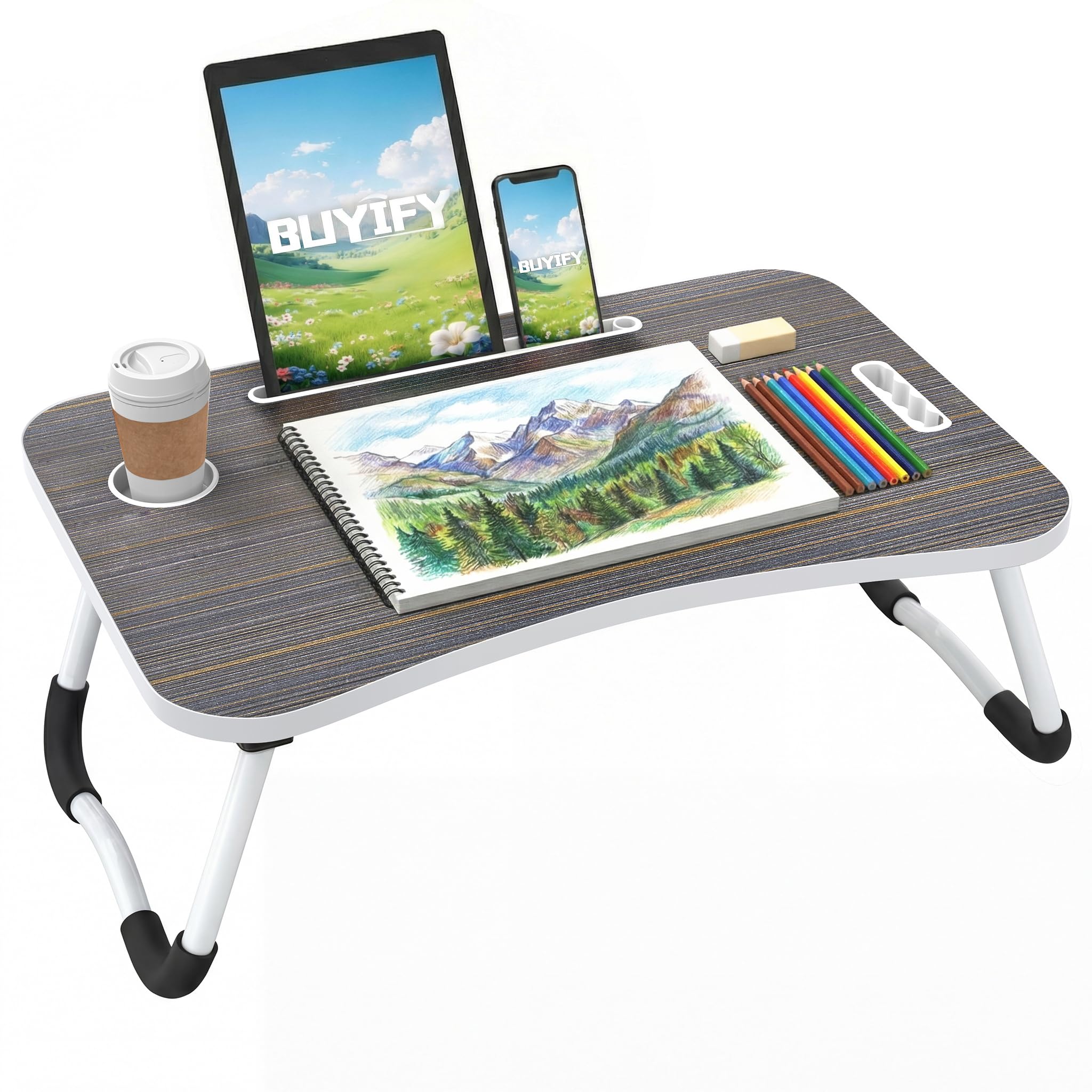 BUYIFY Folding Lap Desk, 23 Inch Portable Wood Black Laptop Bed Desk Lap Desk with Cup Holder, for Working Reading Writing, Eating, Watching Movies for Bed Sofa Couch Floor-XRP1