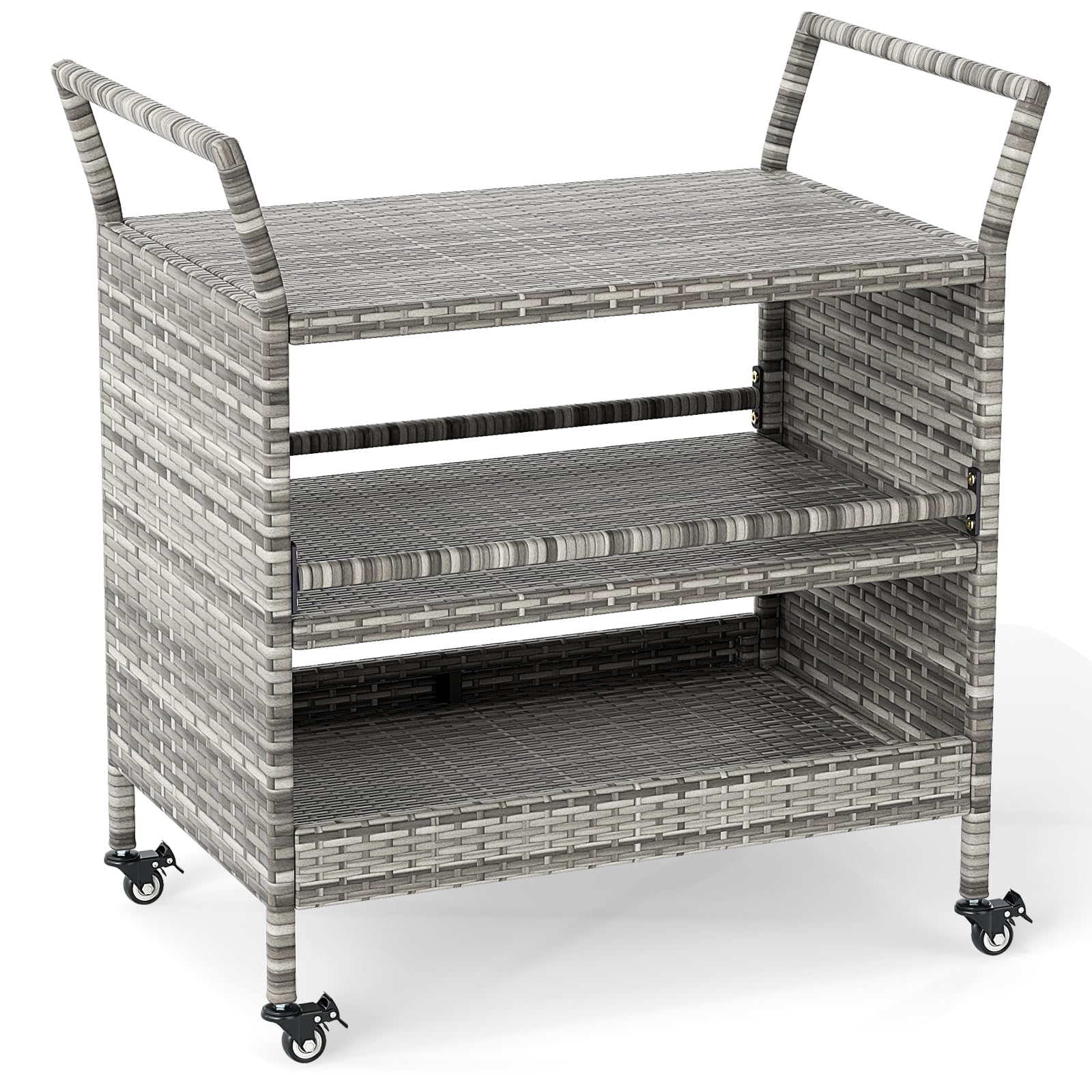 TANGZON Outdoor Bar Serving Cart, 3-Tier Rattan Rolling Cart with 4 Lockable Wheels & 2 Side Handles, Bar Trolley Utility Storage Shelves for Garden Balcony Backyard Poolside (Mix Grey)
