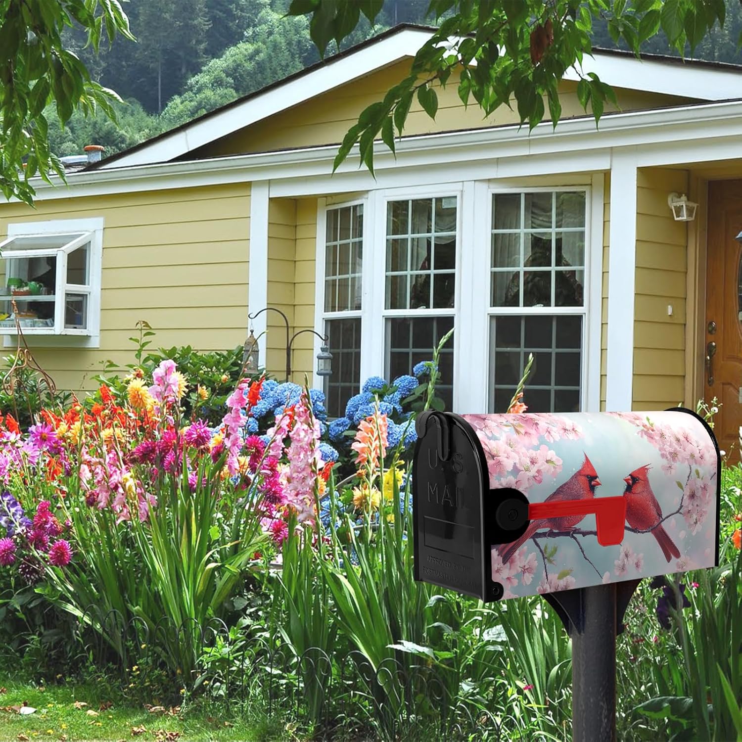 Cardinal Mailbox Cover Magnetic Spring Cherry Blossom Birds Design Summer Mailbox Covers Waterproof Floral Nature Red Cardinal Bird Mail Box Wrap for Farmhouse Decor Standard Size 21x18 Inch