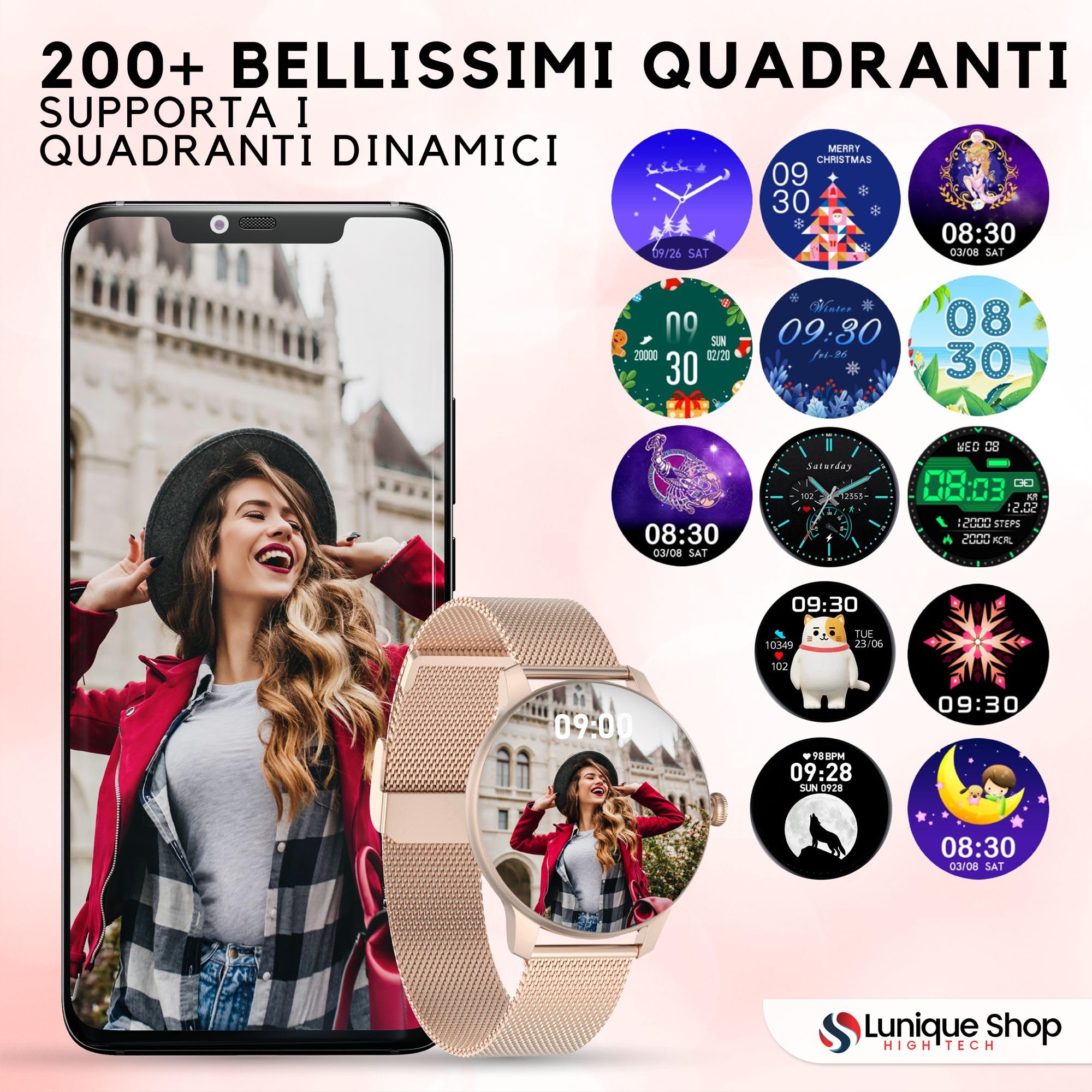 LSCALL Smartwatch donna Chiamata e Risposta, notifiche, messaggi, contapassi, assistente vocale, Orlogio con 2 cinturini, Cardiofrequenzimetro, SpO2,Fitness Sonno per Android iOS 1.7"
