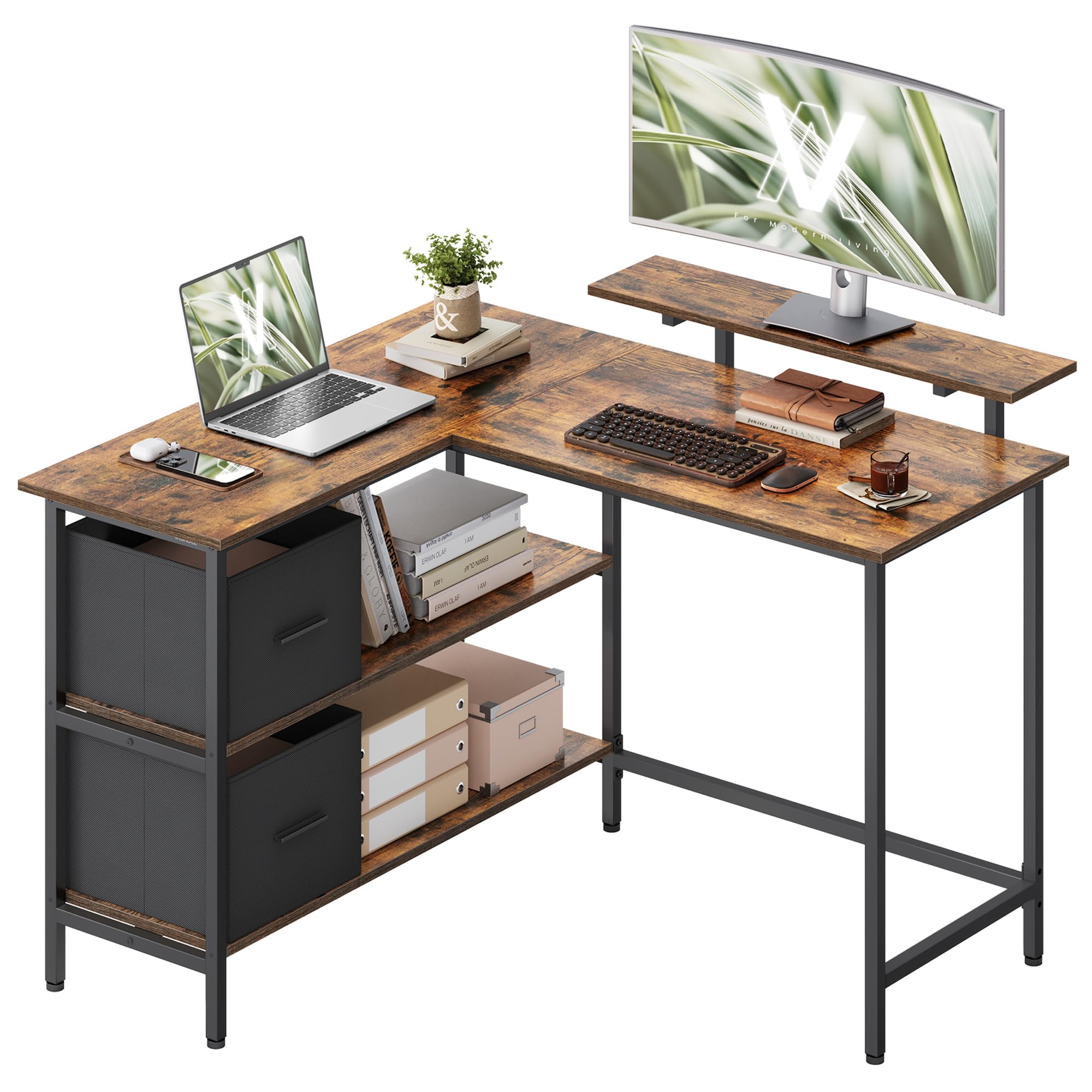 VASAGLE Bureau d'Ordinateur en Forme de L, Bureau d'angle, 2 Tiroirs Spacieux, Support de Moniteur, Étagère Réglable, Marron Rustique et Noir d'Encre LWD097B01