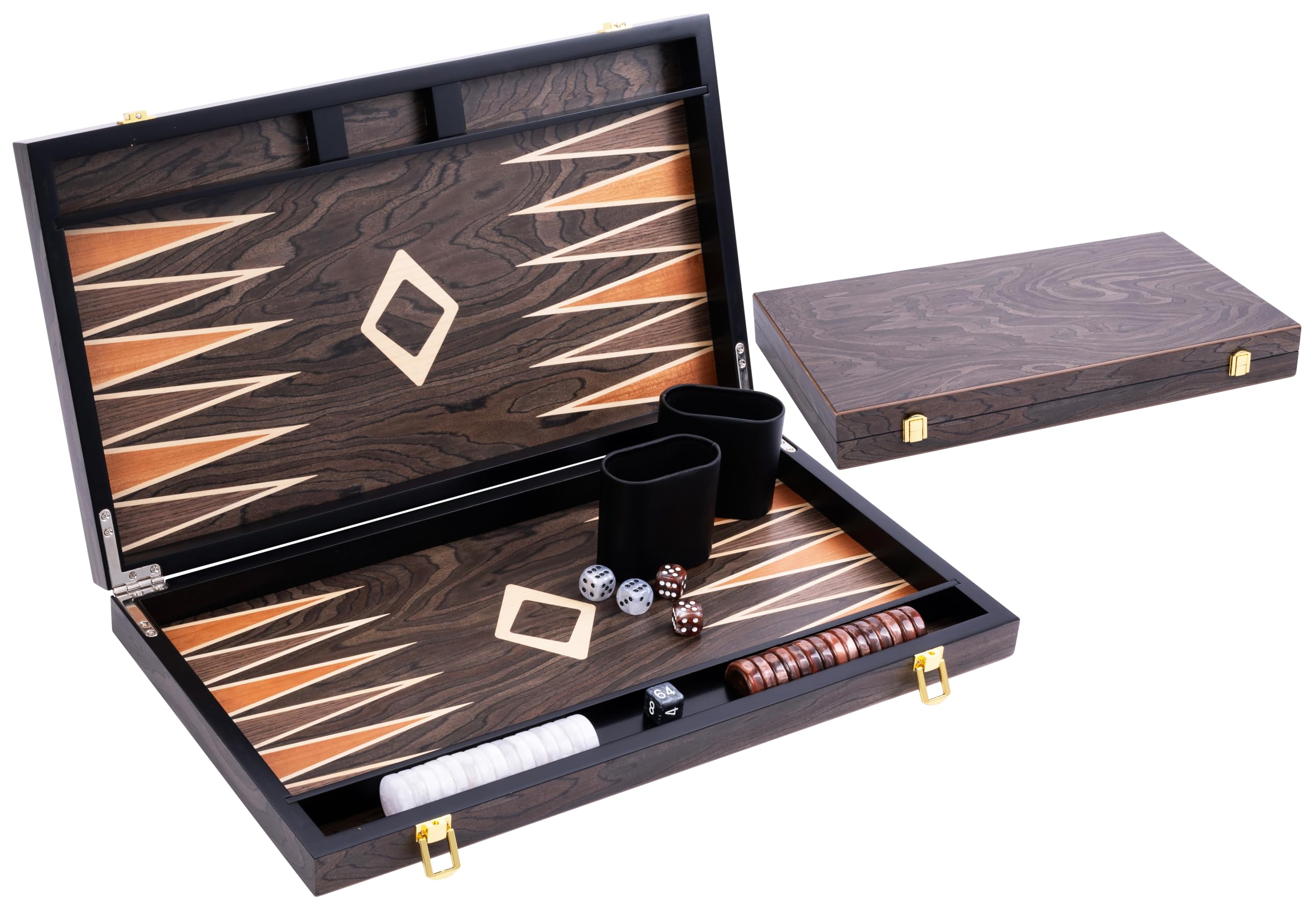Engelhart - 250547 - Juego de Backgammon de Lujo 18” con Chapa de Nogal barnizada, Cierre metálico, Dados y fichas nacaradas, Vasos de Madera, 2 Jugadores, Reglas Incluidas, Desde 6 años