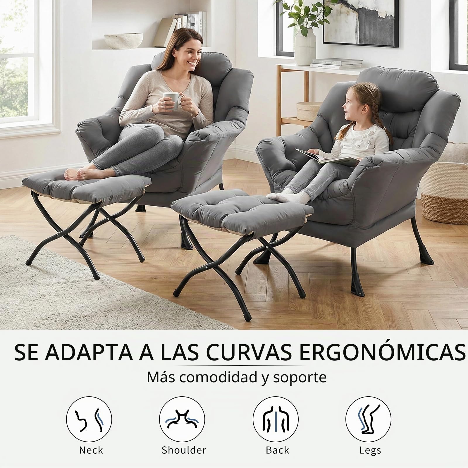 Clevich Sillón de Orejas con Taburete, Silla Lazy Chair con Bolsillo Lateral y reposapiés, sillón de Lectura para salón, Dormitorio y Oficina, Gris Oscuro