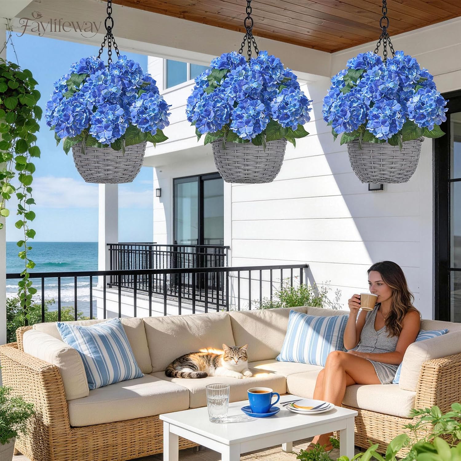 12 Heads Artificial Flowers for Outdoors, UV Resistant Faux Hydrangea Flowers for Outdoor Planters Front Porch Garden Window Box Patio Decor （Blue）