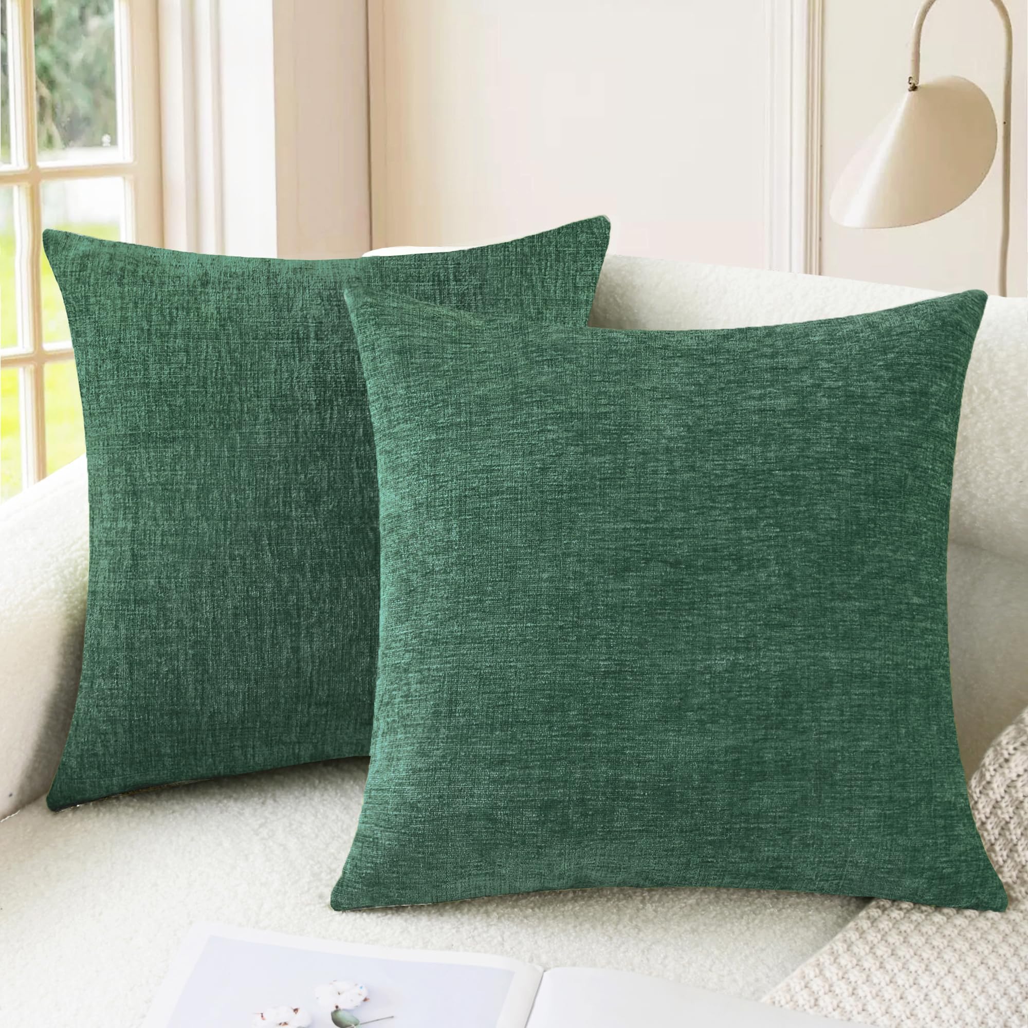 CaliTime Pack of 2 Cozy Throw Pillow Covers Cases for Couch Sofa Home Decoration Solid Dyed Soft Chenille 45 x 45cm Dark Green
