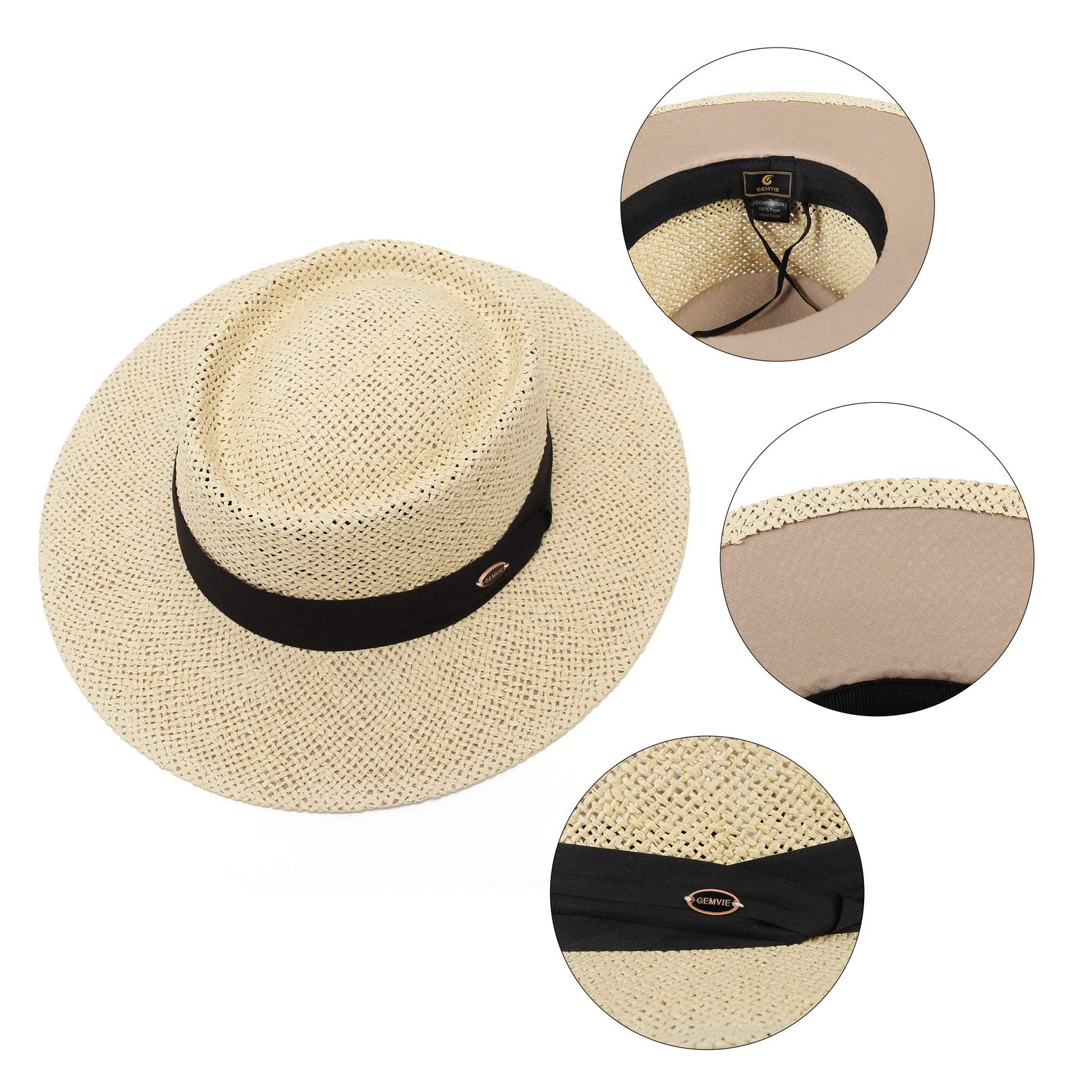 EOZY Chapeau de Paille Femme Homme Vintage Panama Chapeau Pork Pie Été Large Bord Chapeau de Soleil Anti-UV pour Plage Voyage
