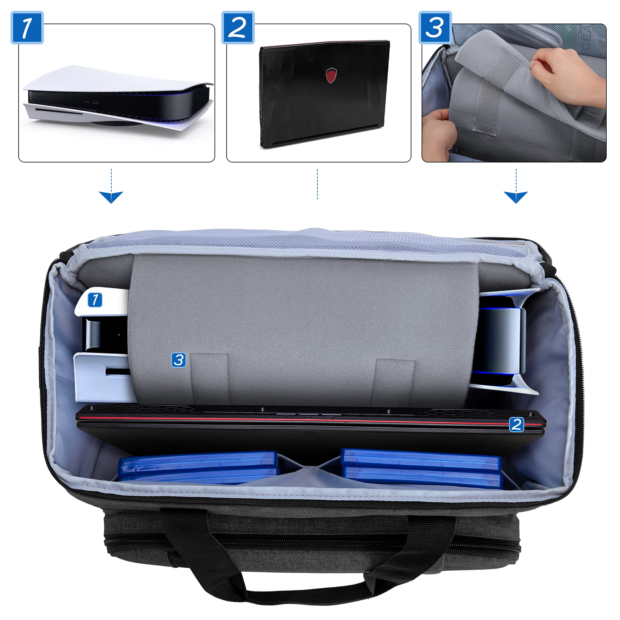 CURMIO Tragetasche für PS5, PS4, PS4 Pro, Xbox Series S, Xbox One and Xbox 360, Tragebare Aufbewahrungstasche für PlayStation Konsole, PS5 Reisetasche für Controller, Kabel (Leere Tasche), Schwarz