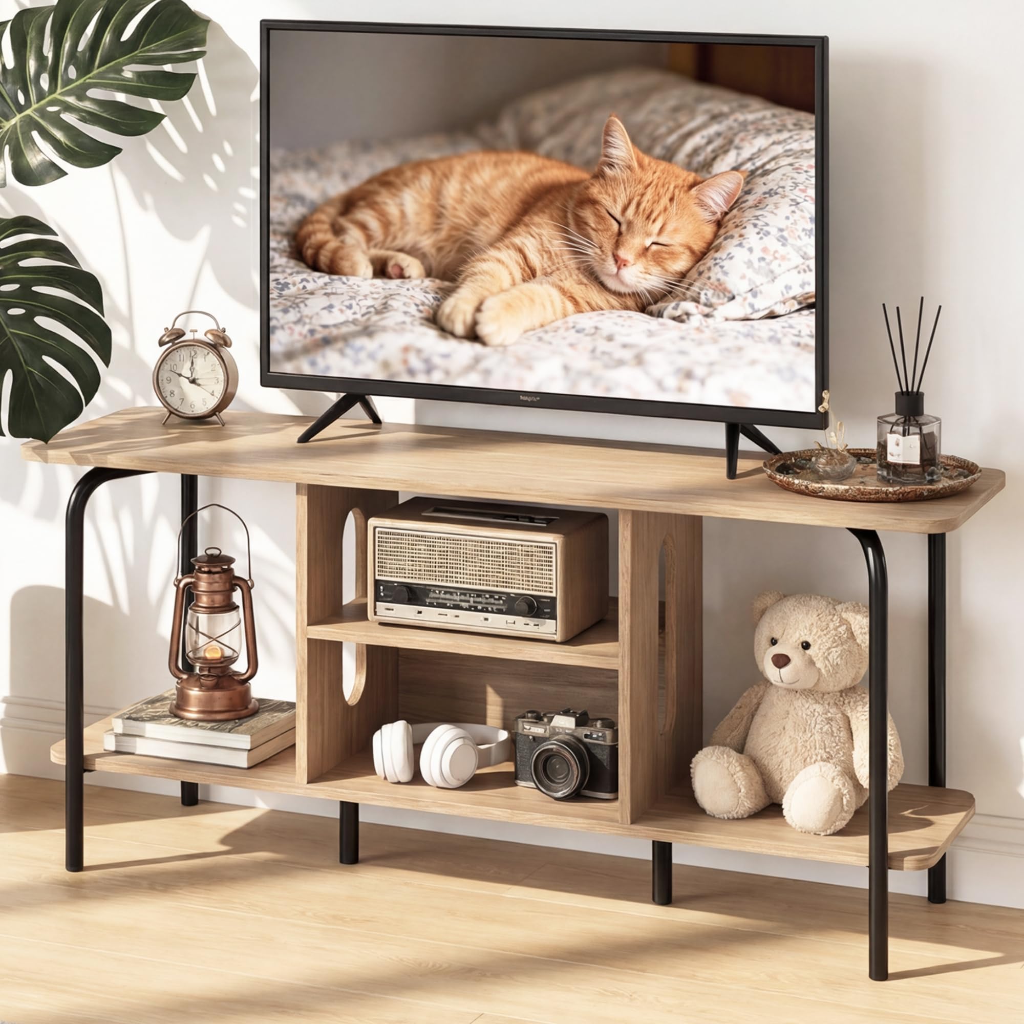 Manora Meuble TV 120 cm de Longueur, Meuble Tele avec 4 Espaces de Rangement Ouverts, Meuble Télé Bois, Structure en Acier Solide，2 Pieds Centraux Réglables, Meuble TV aux Coins Arrondis (Chêne)