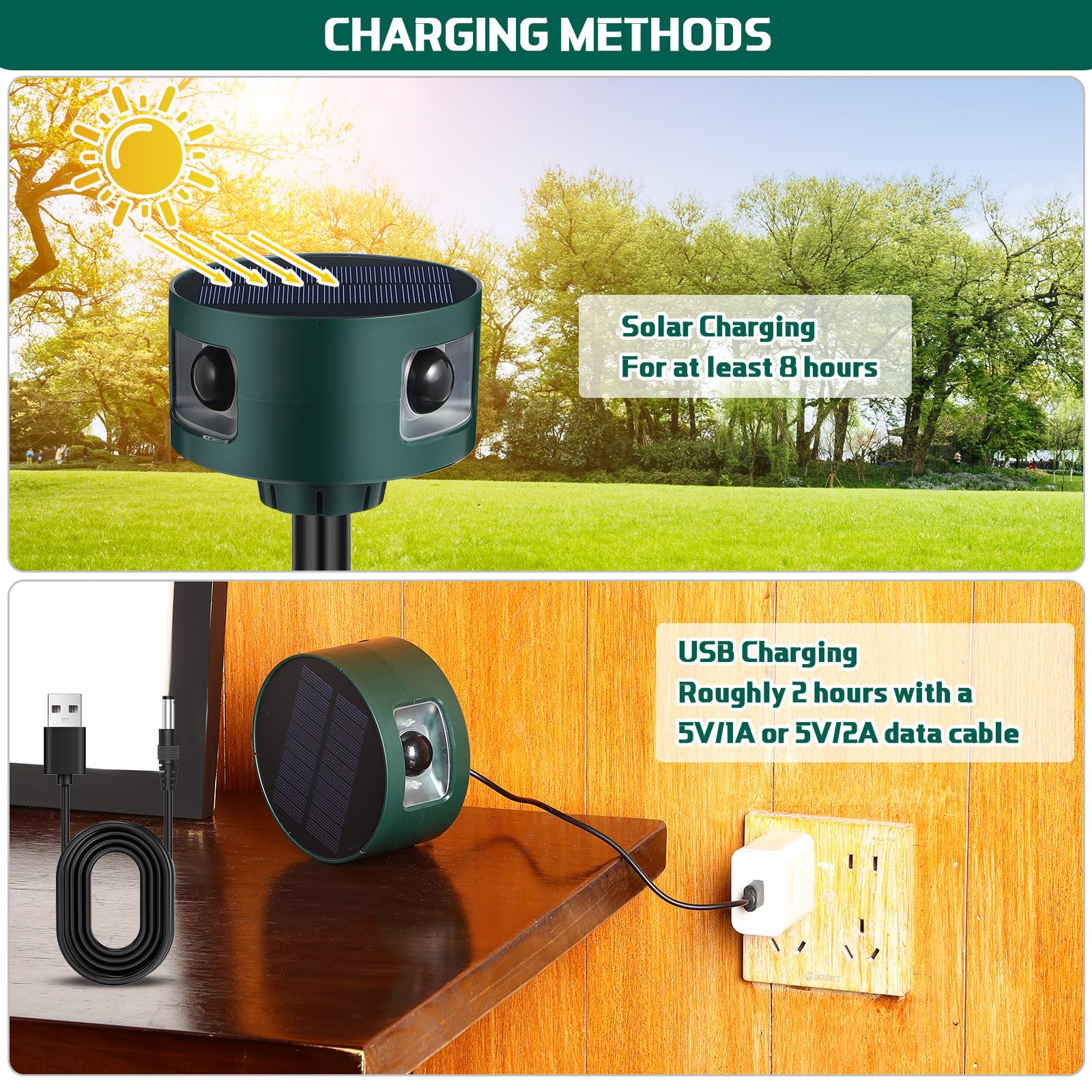 Qualirey Paquete de 2 sensores de movimiento solares para exteriores, sensor de movimiento, disuasorio de animales, sonido de disparo, alarma de ladridos de perro para seguridad del hogar (verde,