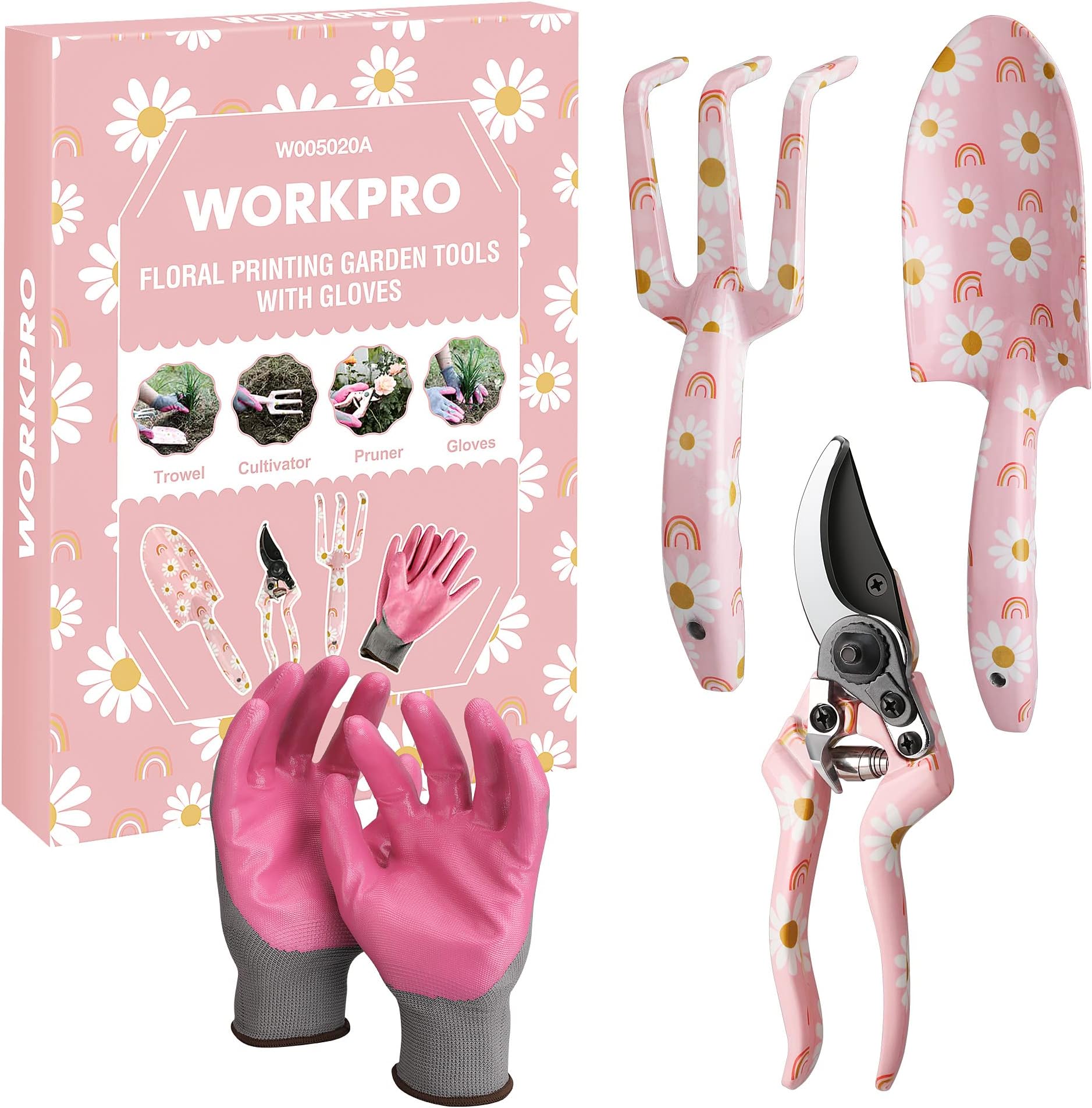 WORKPRO Aluminum Garden Tool Set, 4PC Heavy Duty Hand Tools with Gloves, Pink, Garden Gifts