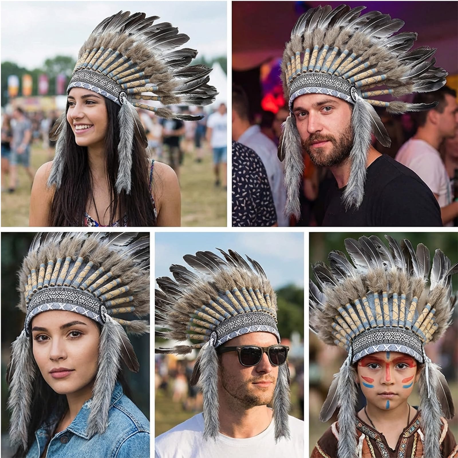 Copricapo indiano unisex per adulti, in stile indiano, con piume, di ispirazione americana, copricapo con piume, per feste, carnevale, accessori fotografici