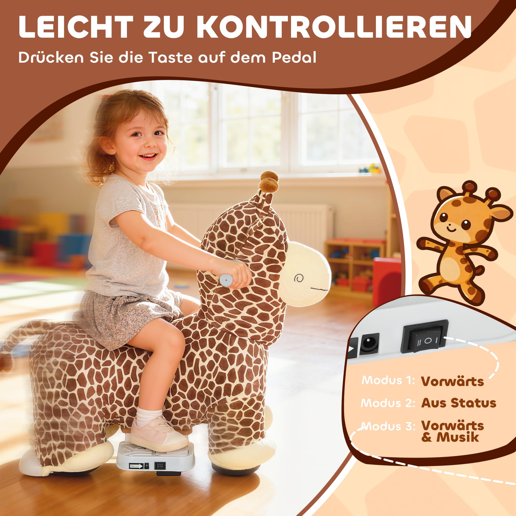 AIYAPLAY Kinder Elektroauto in Giraffenform 6V für 1,5-5 Jahre Braun | Batteriebetriebenes Kinderfahrzeug, Mit Musik, Fußpedal, Waschbar Plüschbezug, Leise Räder, 1,8-3 km/h, Elektrisches Pferd
