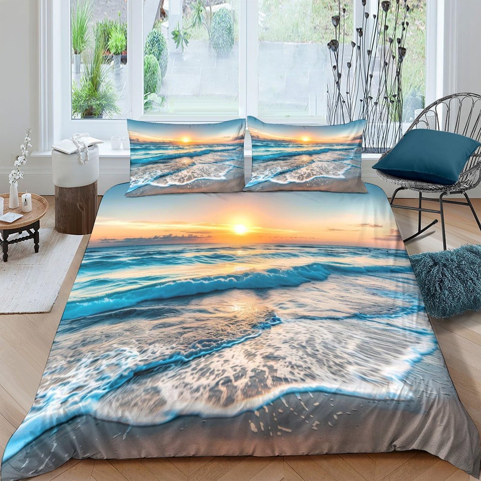 Ctjqhvkz Style-2 3D Printed Ocean Sunrise Fitted Sheet Microfiber Soft Breathable Sea Wave Mattress Cover For Bedroom Dorm Decor Single（135X200cm）