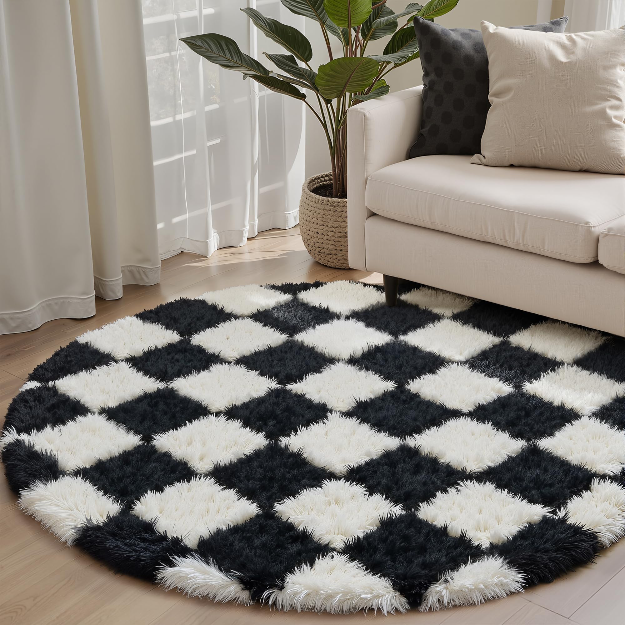 HUGEAR Kariert Flauschig Teppich Rund 150 Teppiche Schwarz Weiß Shaggy rutschfest Kinderzimmer Mädchen Junge Carpet Bettvorleger Schlafzimmer Hochflor Weich Runder Carpets