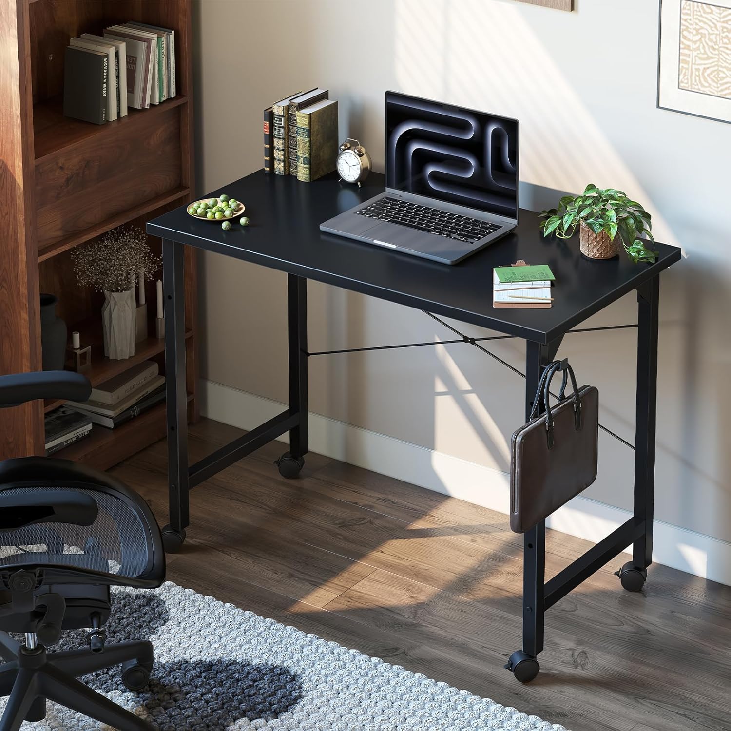 Grandder Rolling Computer 40 inch Desk with Wheels, Wroking Small Desk for Living Room, Modern Simple Style Table for Home Office, Study Writing Table, Caster, Black, 40 inch - Image 2