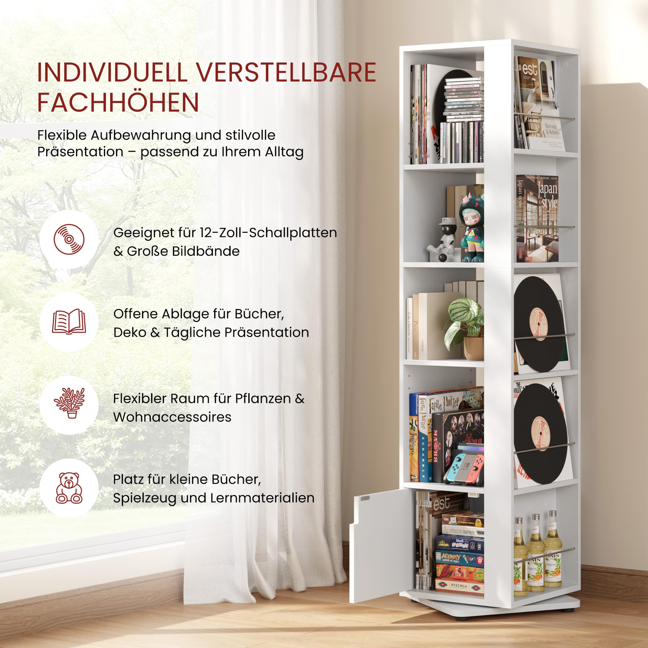 Yaheetech 5 Ebenen Drehbares Bücherregal 360 Grad, 20 Fächer Standregal, 42 × 42 × 169 cm, Drehregal Dekoregal Lagerregal mit Verstellbaren Einlegeböden, für Wohnzimmer, Schlafzimmer, Büro (Weiß)