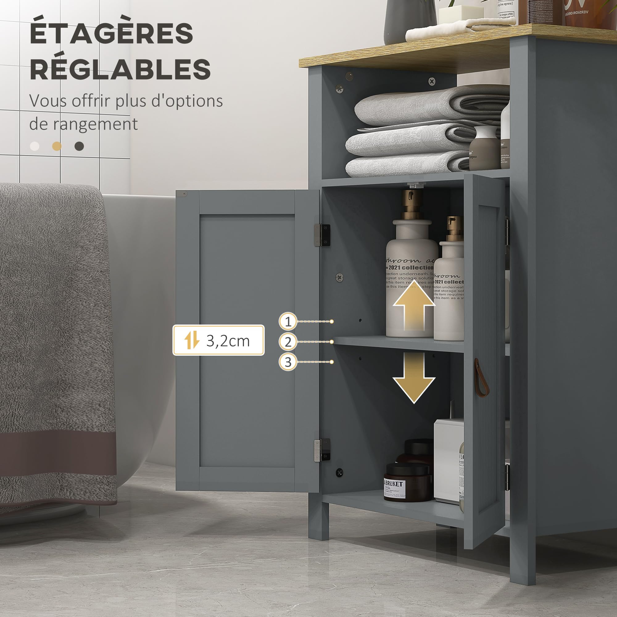kleankin Meuble Bas de Salle de Bain Multi-Rangements, Gris et Naturel | Grande Niche, Placard Double Porte, Étagère Réglable en Hauteur