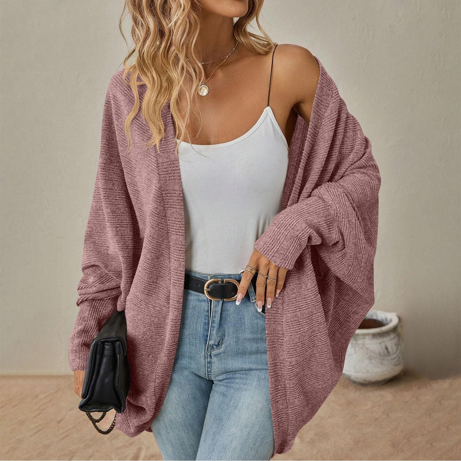 Strickjacke Damen mit Fledermausärmeln für Winter Loser Strickmantel Leichter Cardigan Strickpullover Übergangsjacke lässige Passform für gemütliche Outfits